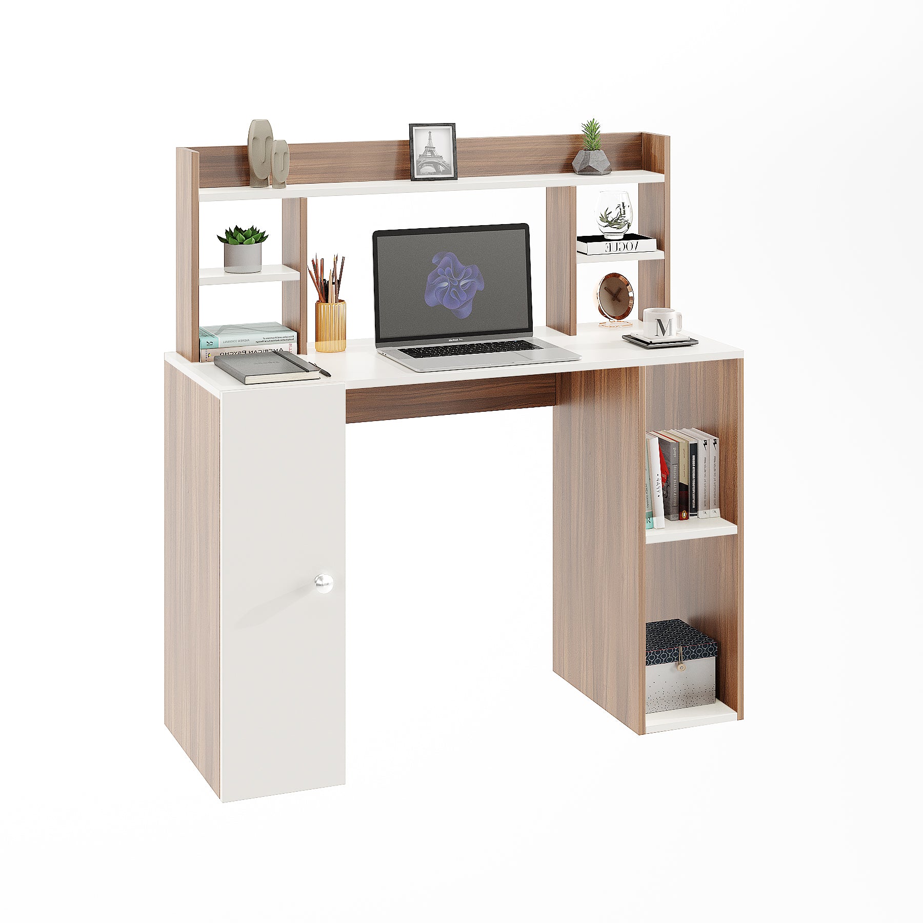 WOODWIDER Ximena Wooden Study Table, Workstation, Computer, Laptop, WFH Office Desk, Gaming Table with Storage, Exotic Teak & White