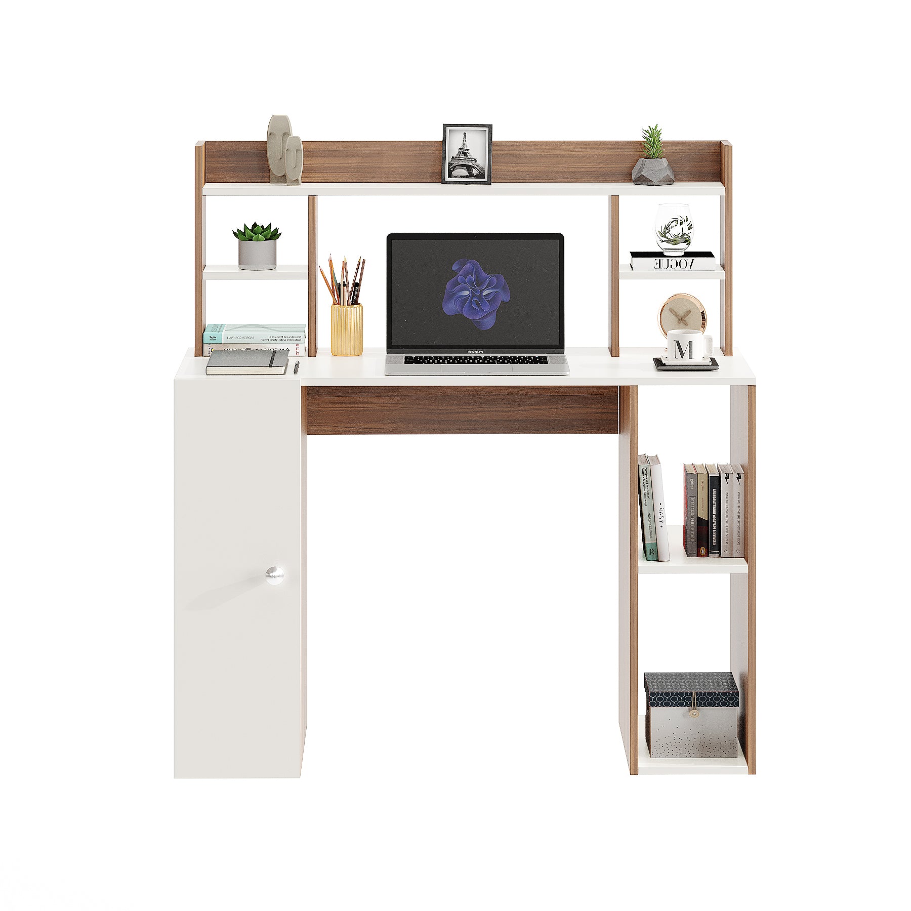 WOODWIDER Ximena Wooden Study Table, Workstation, Computer, Laptop, WFH Office Desk, Gaming Table with Storage, Exotic Teak & White