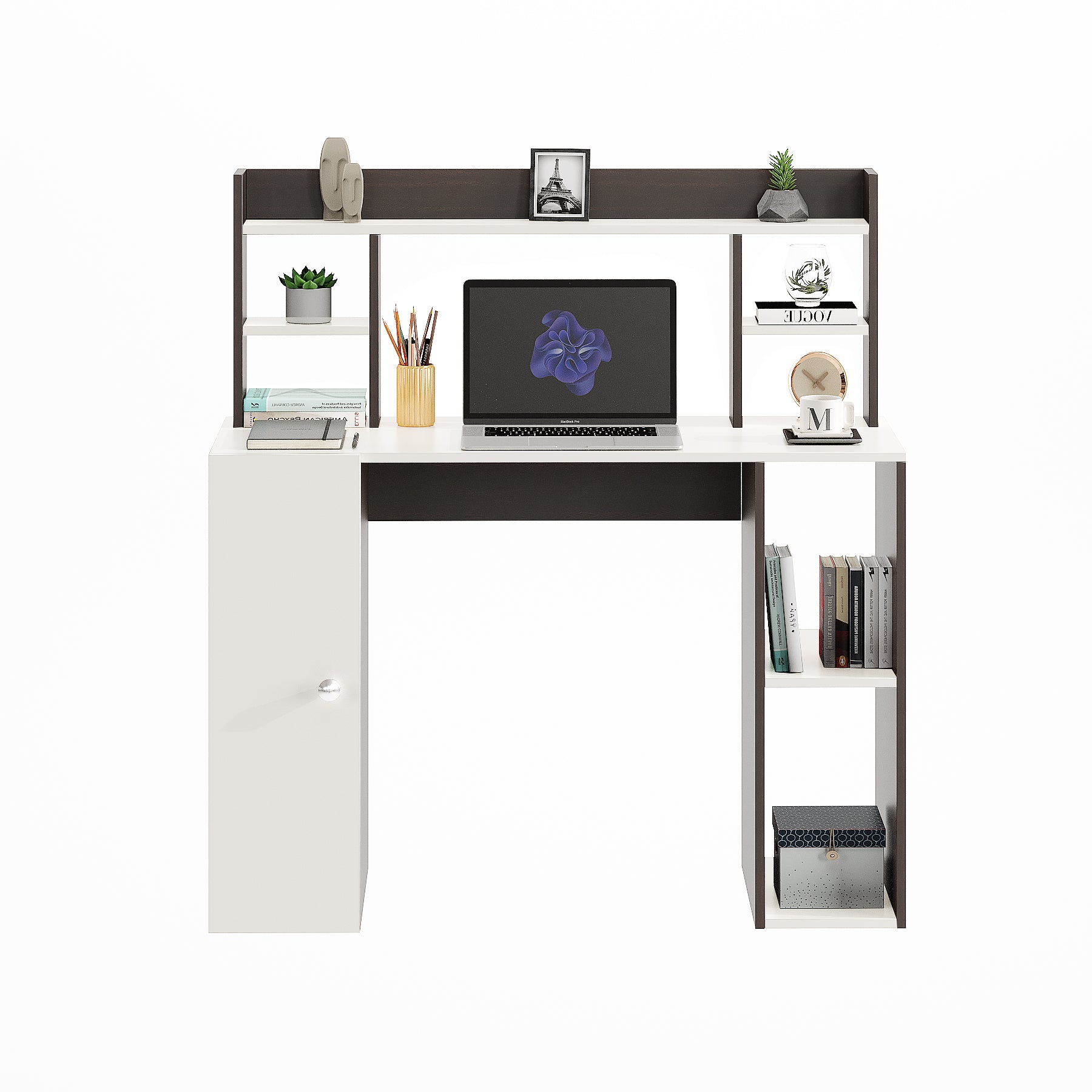 WOODWIDER Ximena Wooden Study Table, Workstation, Computer, Laptop, WFH Office Desk, Gaming Table with Storage, Wenge & White