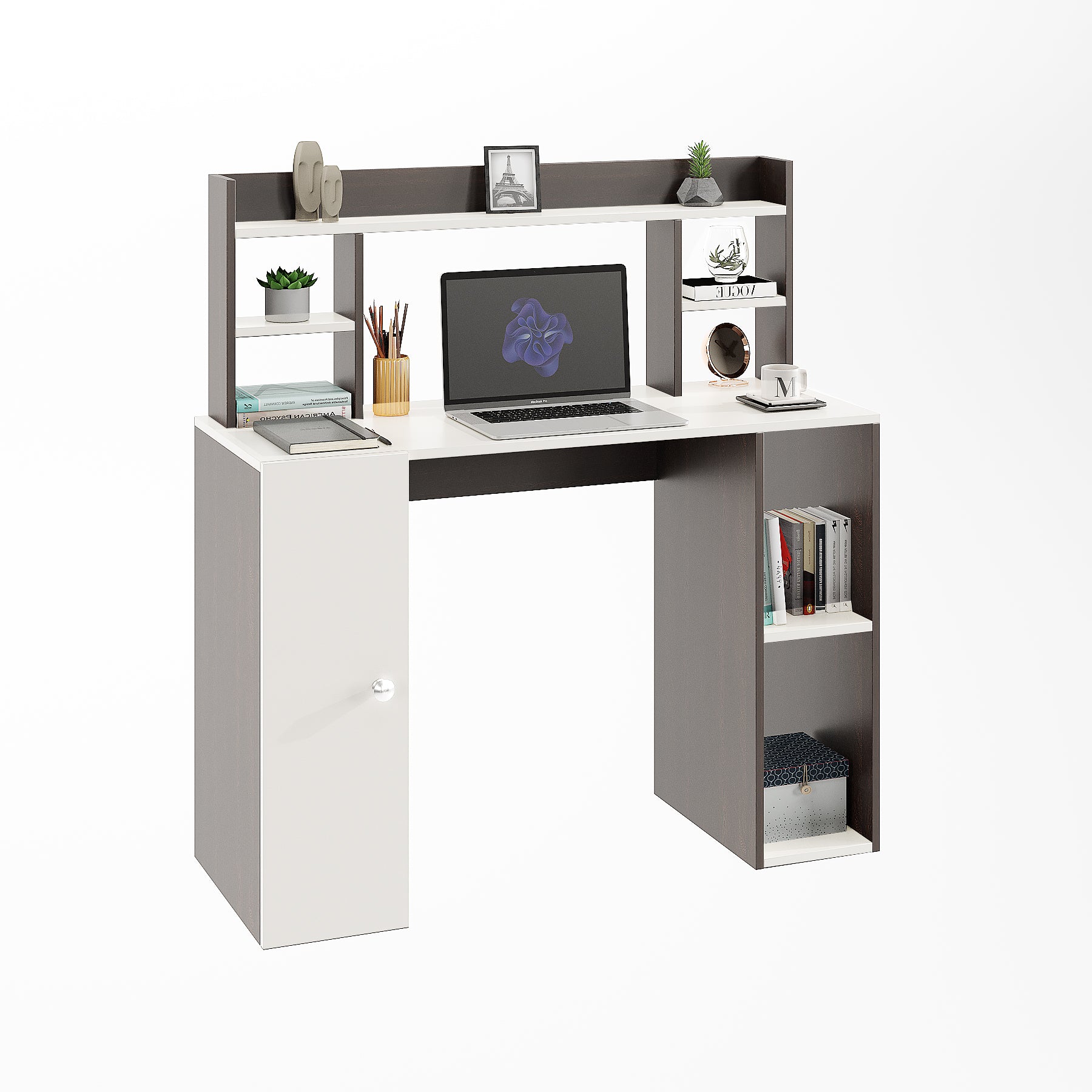 WOODWIDER Ximena Wooden Study Table, Workstation, Computer, Laptop, WFH Office Desk, Gaming Table with Storage, Wenge & White