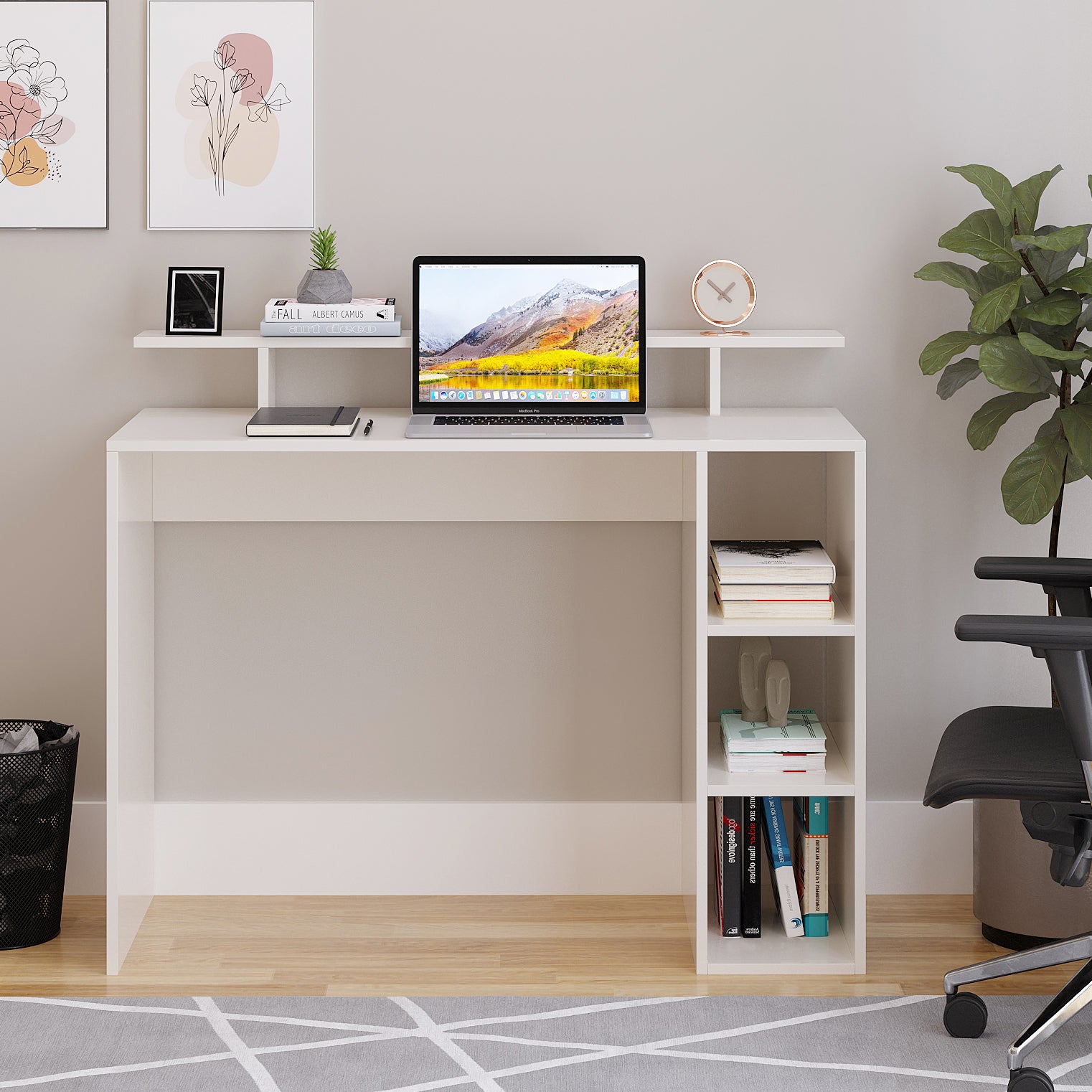 WOODWIDER Lucia Wooden Study Table, Workstation, Computer, Laptop, WFH Office Desk, Gaming Table with Storage, White