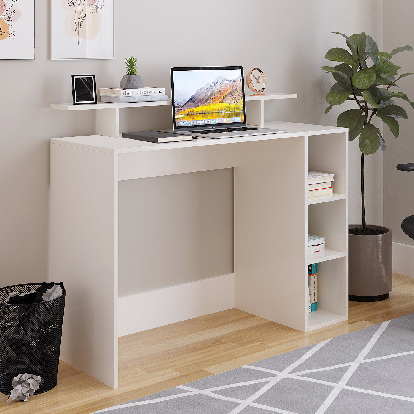 WOODWIDER Lucia Wooden Study Table, Workstation, Computer, Laptop, WFH Office Desk, Gaming Table with Storage, White
