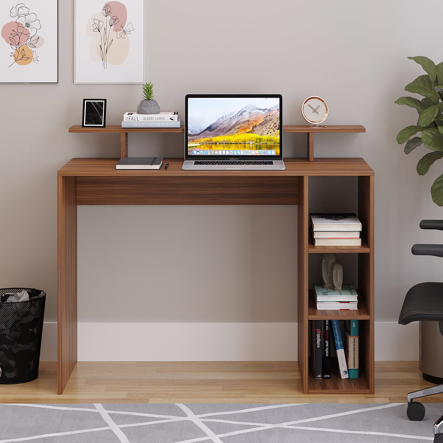 Woodwider Lucia Wooden Study Table, Workstation, Computer, Laptop, WFH Office Desk, Gaming Table with Storage, Exotic Teak