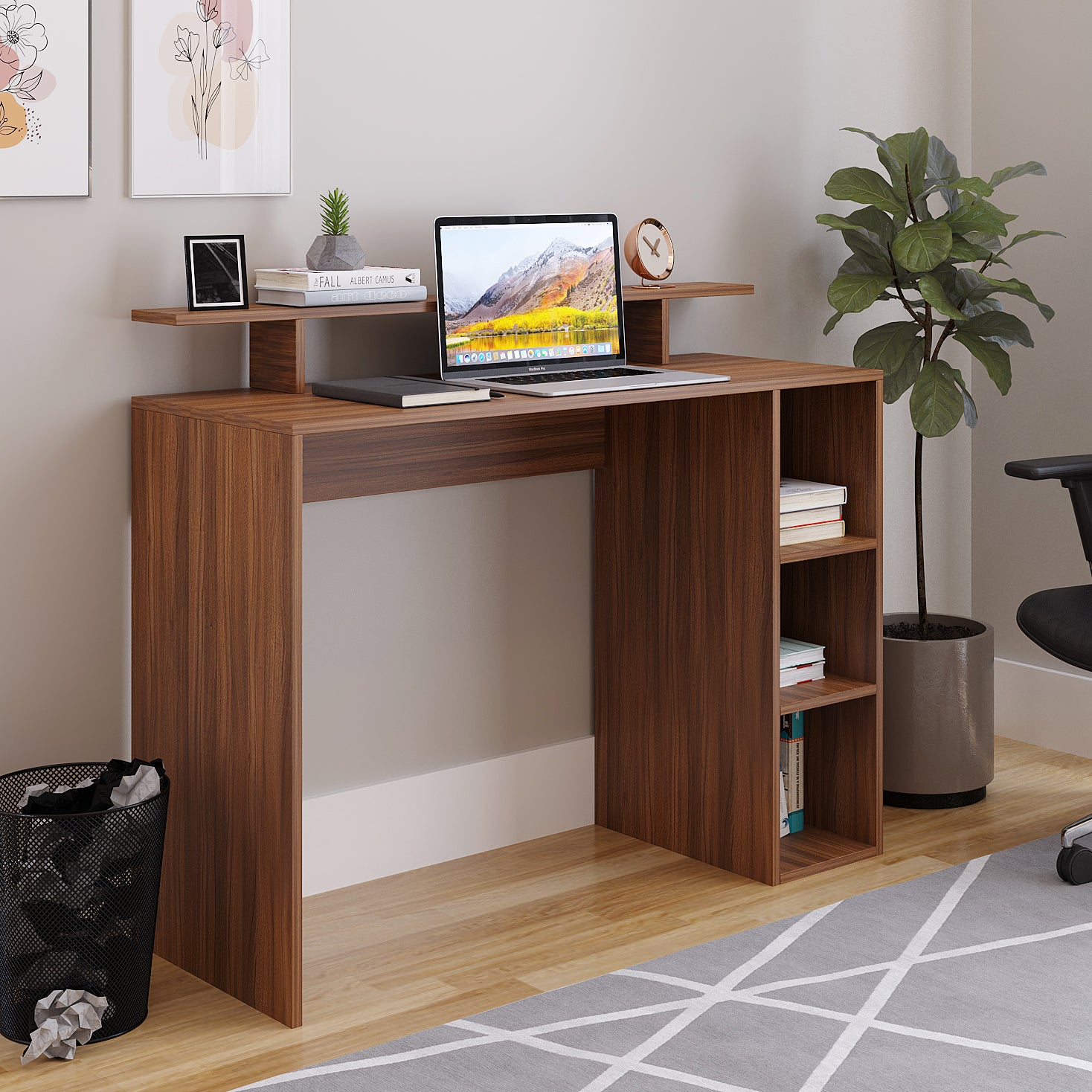 Woodwider Lucia Wooden Study Table, Workstation, Computer, Laptop, WFH Office Desk, Gaming Table with Storage, Exotic Teak