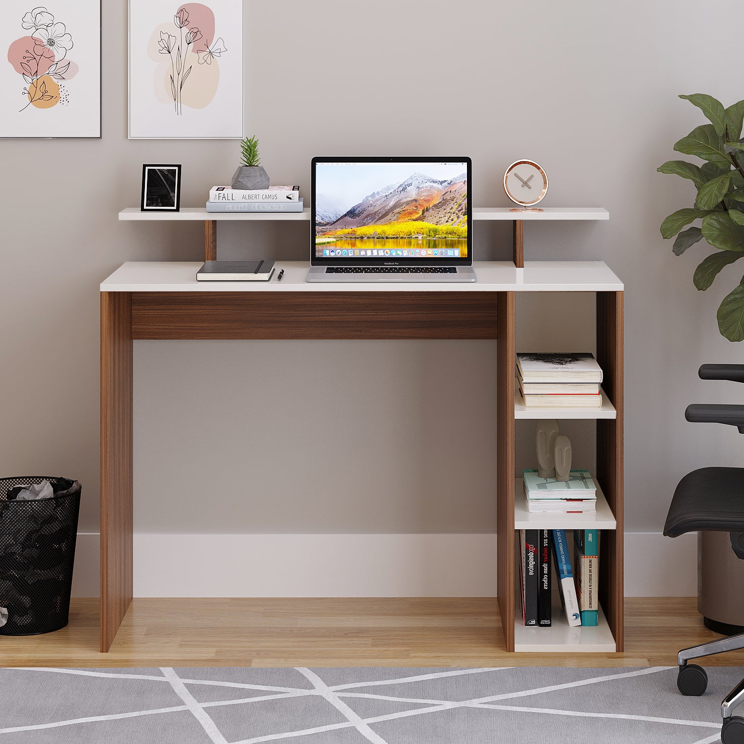 WOODWIDER Lucia Wooden Study Table, Workstation, Computer, Laptop, WFH Office Desk, Gaming Table with Storage, Exotic Teak & White