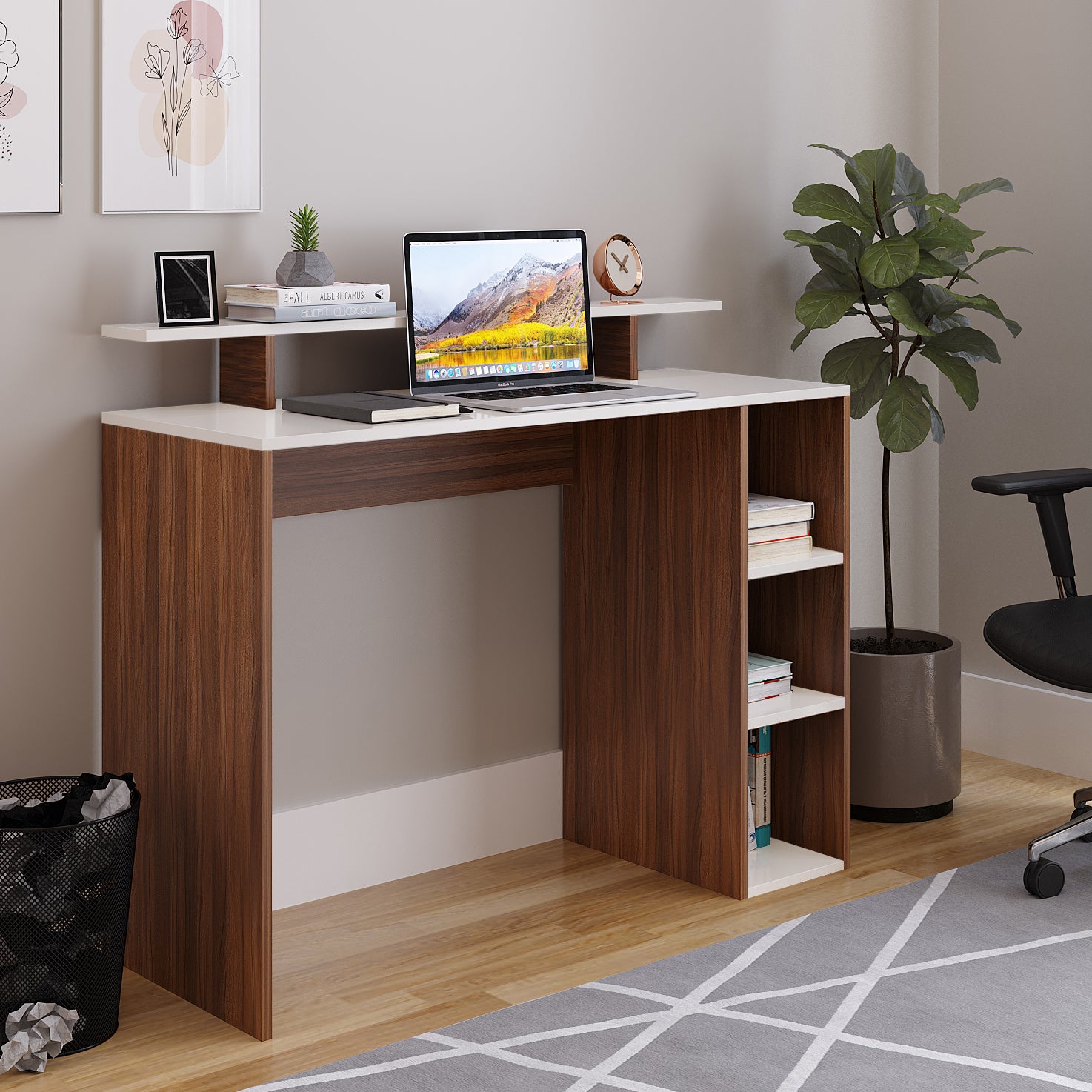 WOODWIDER Lucia Wooden Study Table, Workstation, Computer, Laptop, WFH Office Desk, Gaming Table with Storage, Exotic Teak & White