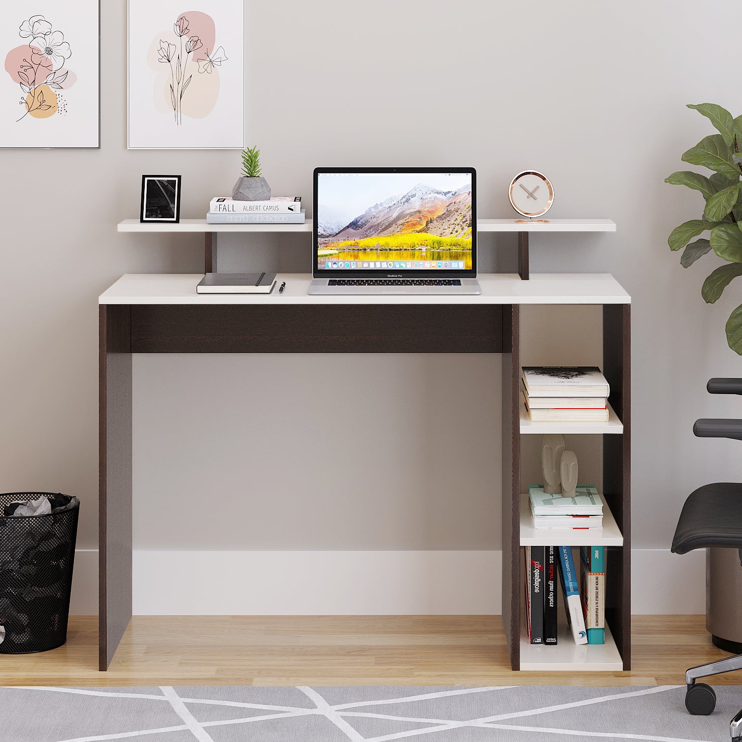 WOODWIDER Lucia Wooden Study Table, Workstation, Computer, Laptop, WFH Office Desk, Gaming Table with Storage, Wenge & White