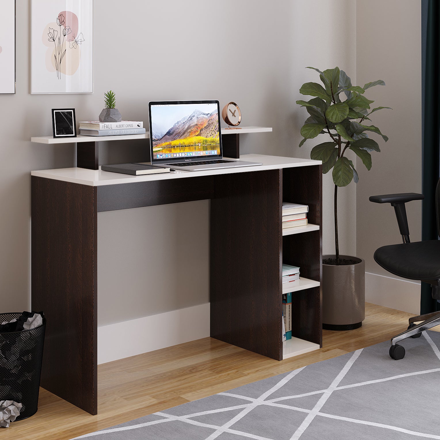 WOODWIDER Lucia Wooden Study Table, Workstation, Computer, Laptop, WFH Office Desk, Gaming Table with Storage, Wenge & White
