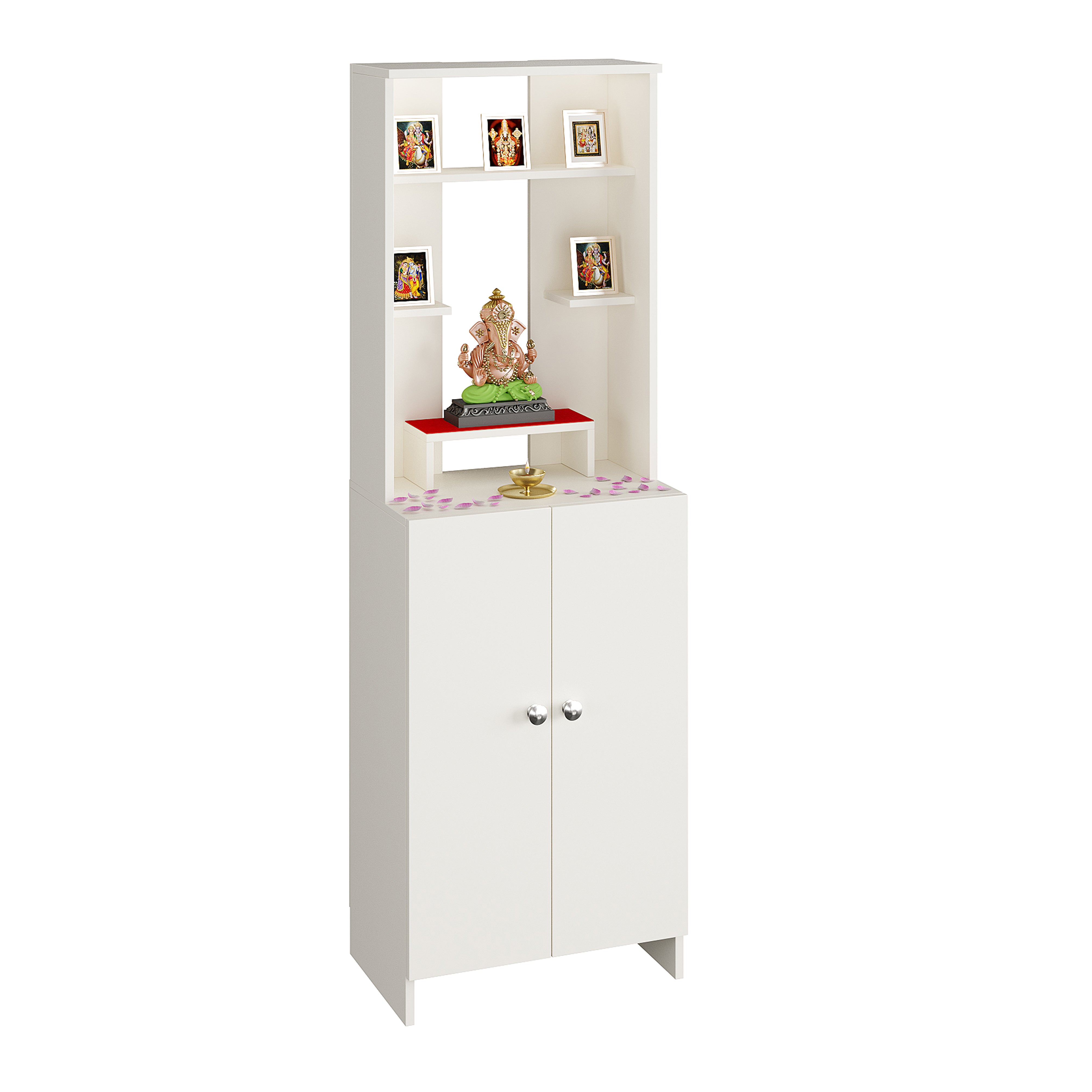Aura Mandir for Home, Modern Temple for Home & Office, Prayer Cabinet Puja Stand Shelf in White Finish