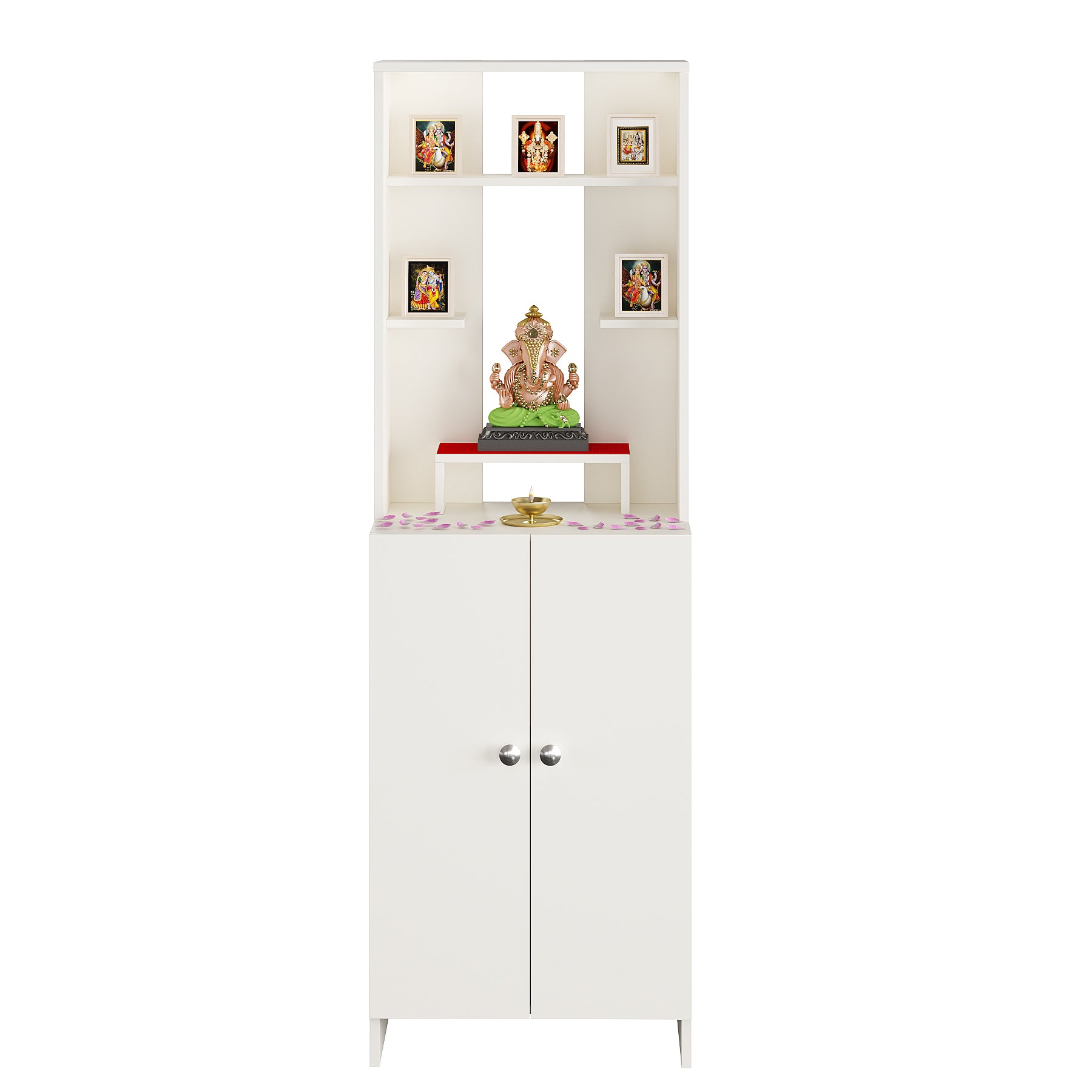 Aura Mandir for Home, Modern Temple for Home & Office, Prayer Cabinet Puja Stand Shelf in White Finish