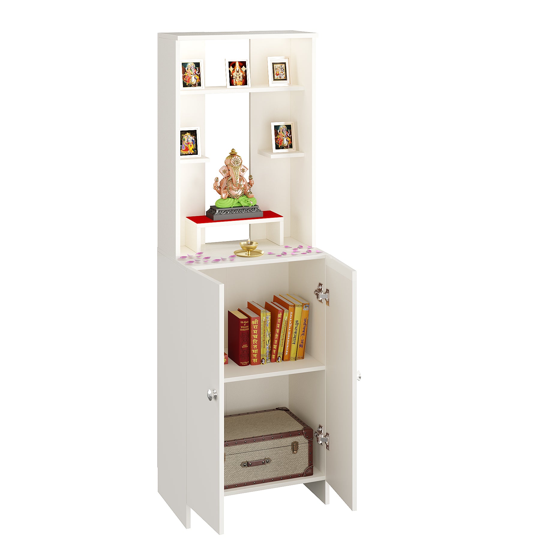 Aura Mandir for Home, Modern Temple for Home & Office, Prayer Cabinet Puja Stand Shelf in White Finish