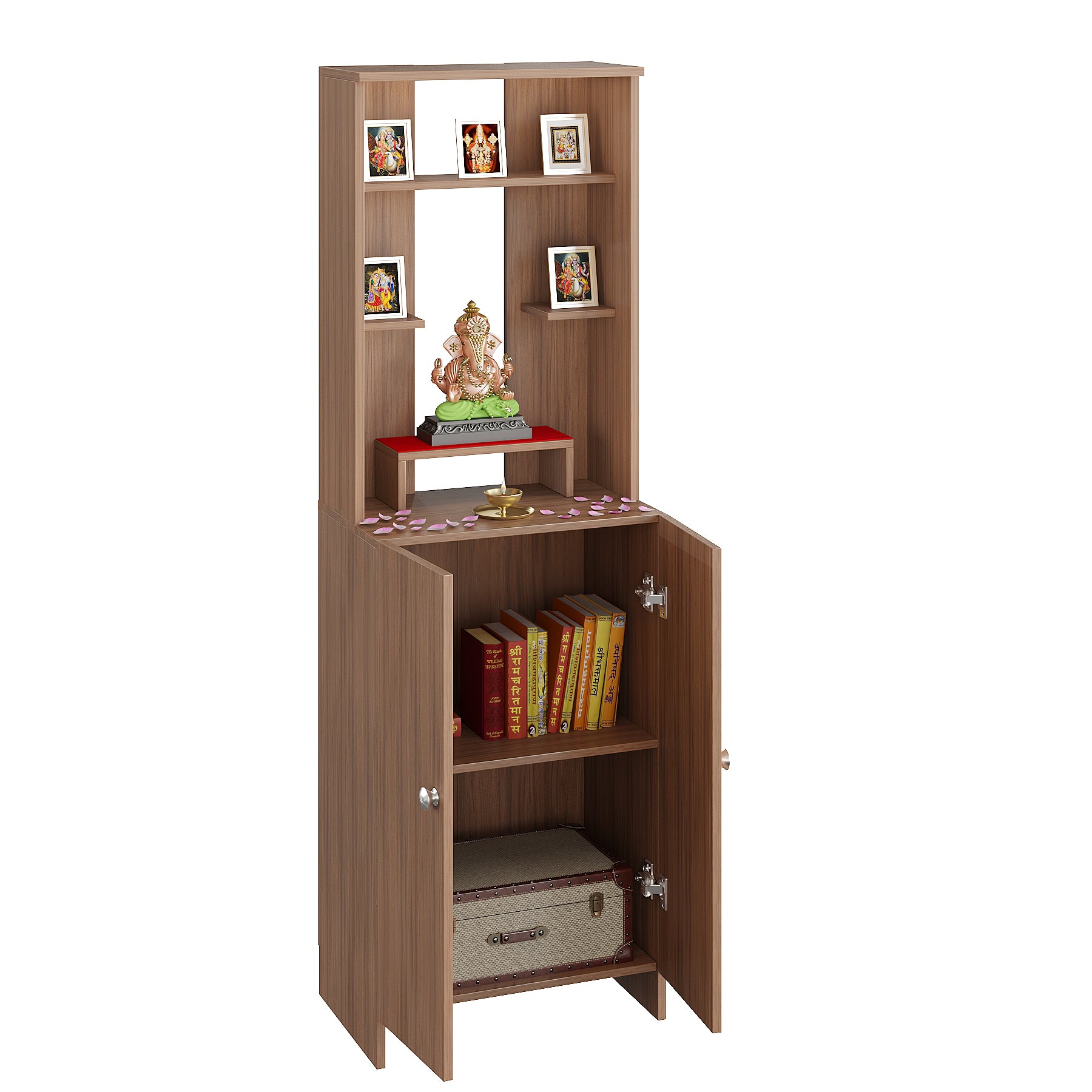Aura Mandir for Home, Modern Temple for Home & Office, Prayer Cabinet Puja Stand Shelf in Exotic Teak