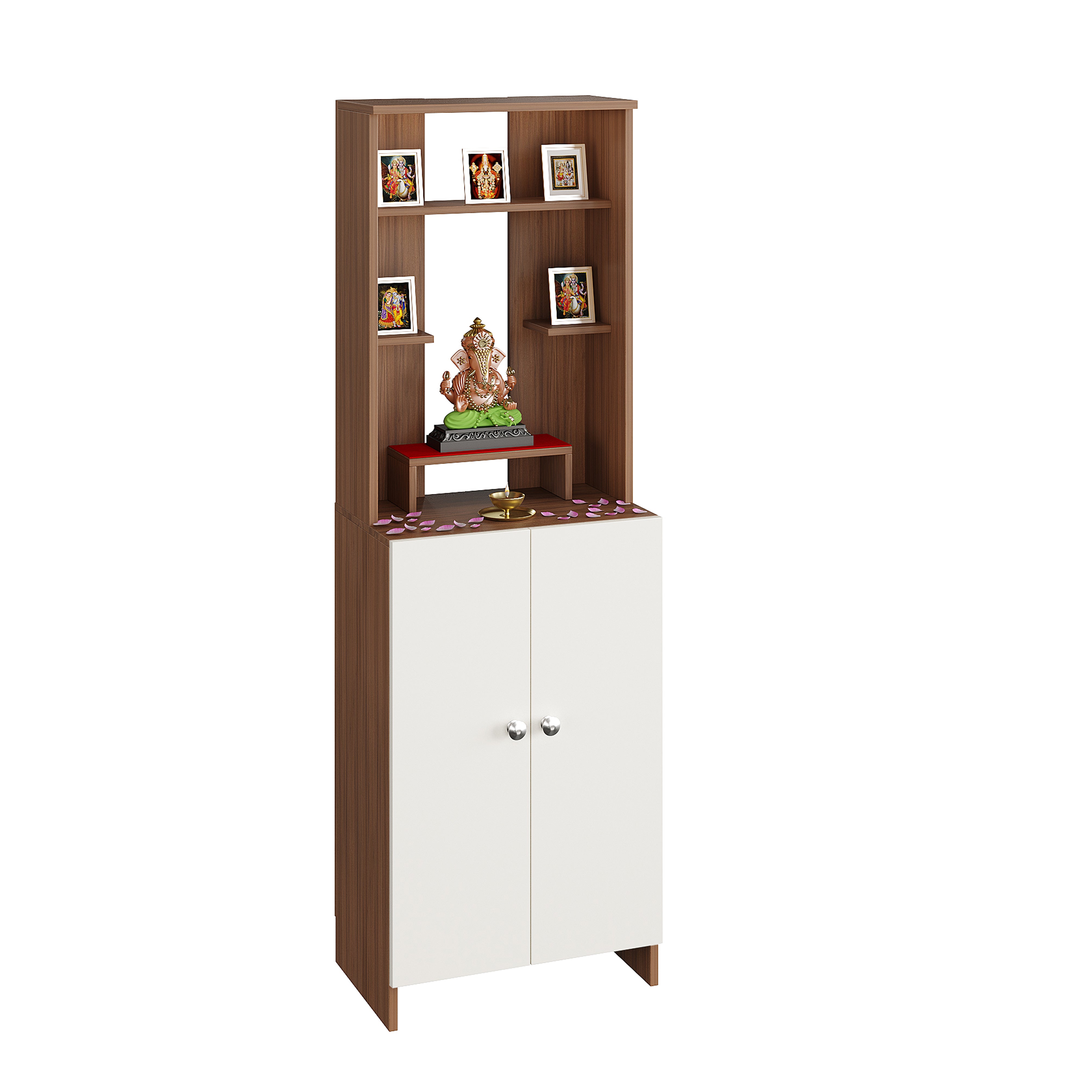 Aura Mandir for Home, Modern Temple for Home & Office, Prayer Cabinet Puja Stand Shelf in Exotic Teak & White
