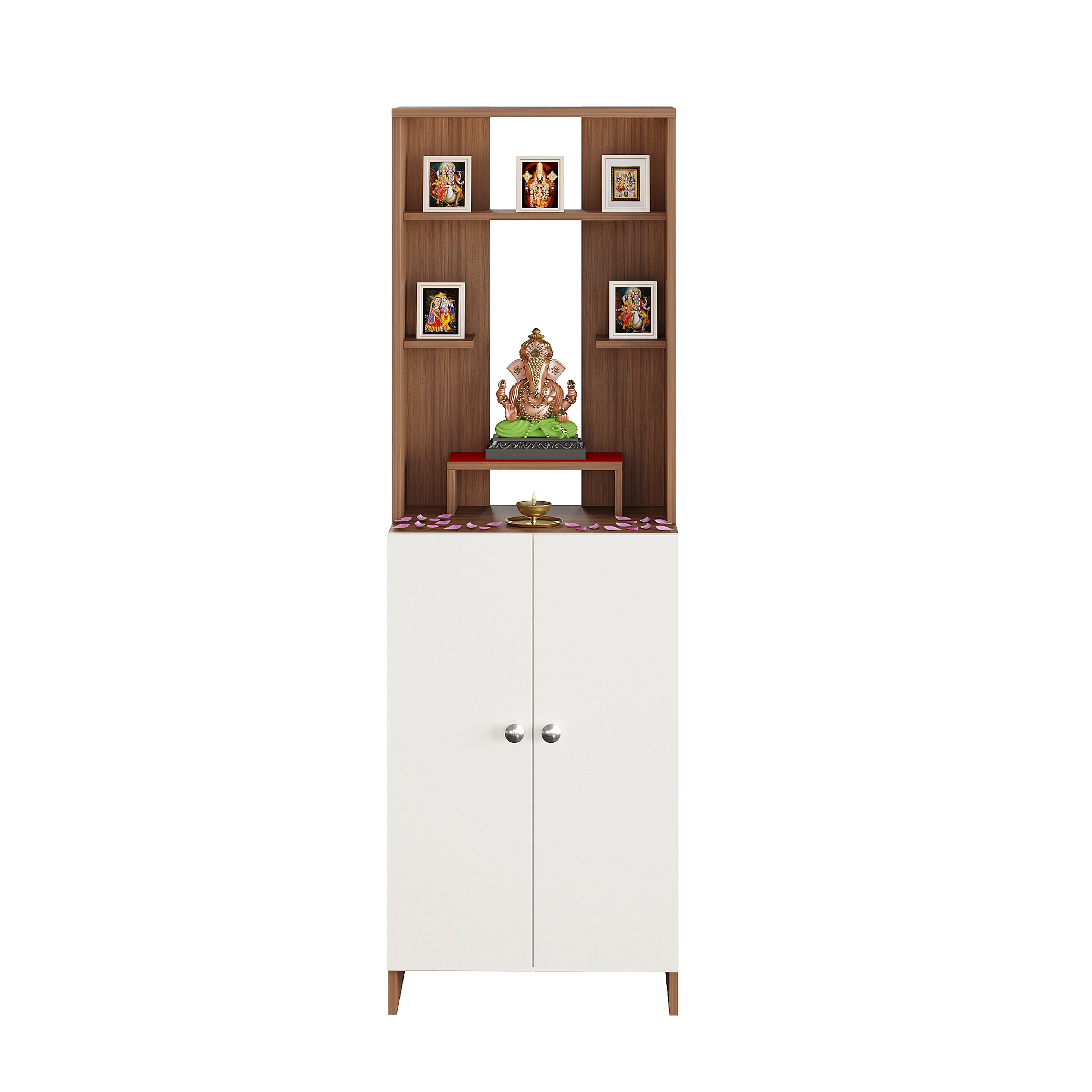 Aura Mandir for Home, Modern Temple for Home & Office, Prayer Cabinet Puja Stand Shelf in Exotic Teak & White