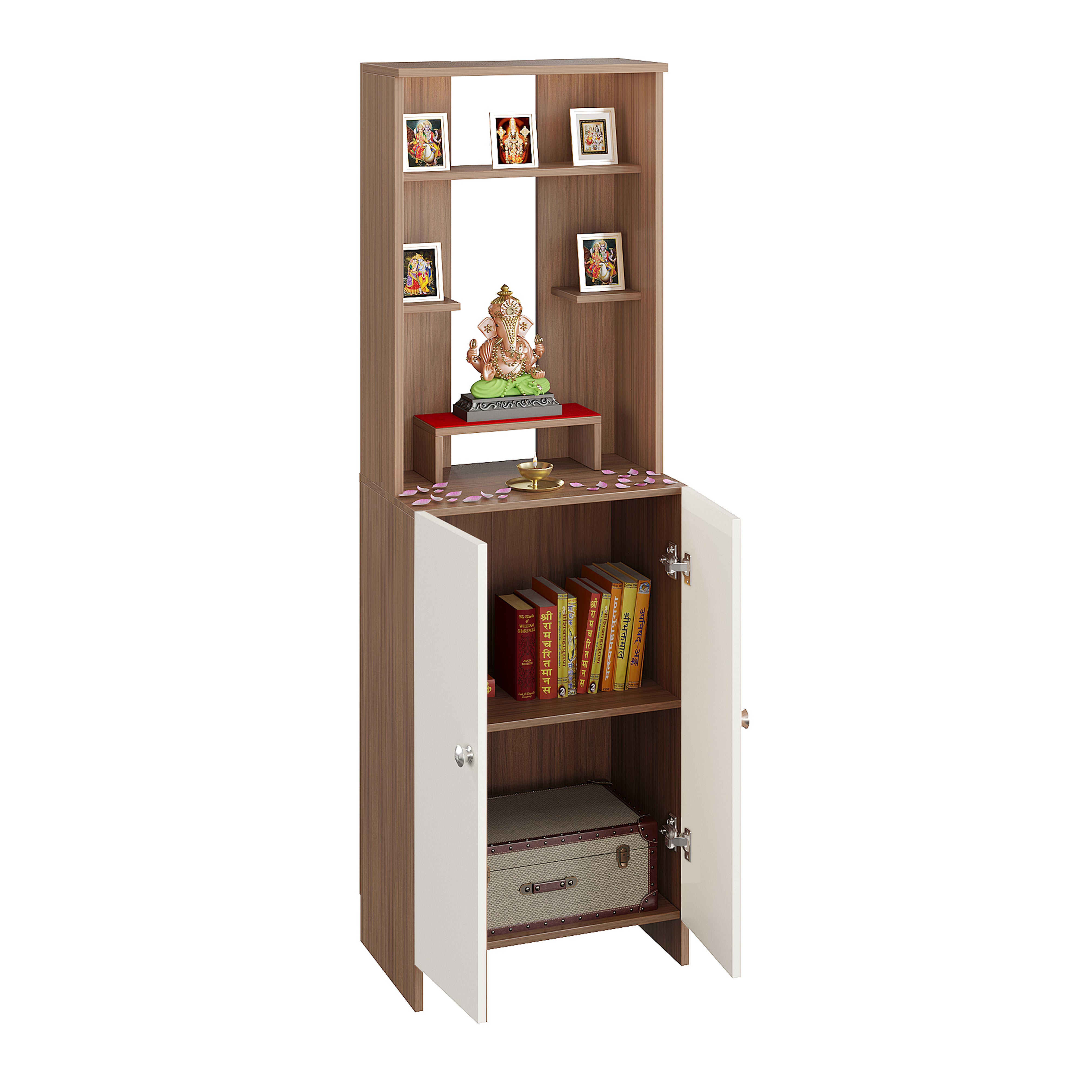 Aura Mandir for Home, Modern Temple for Home & Office, Prayer Cabinet Puja Stand Shelf in Exotic Teak & White