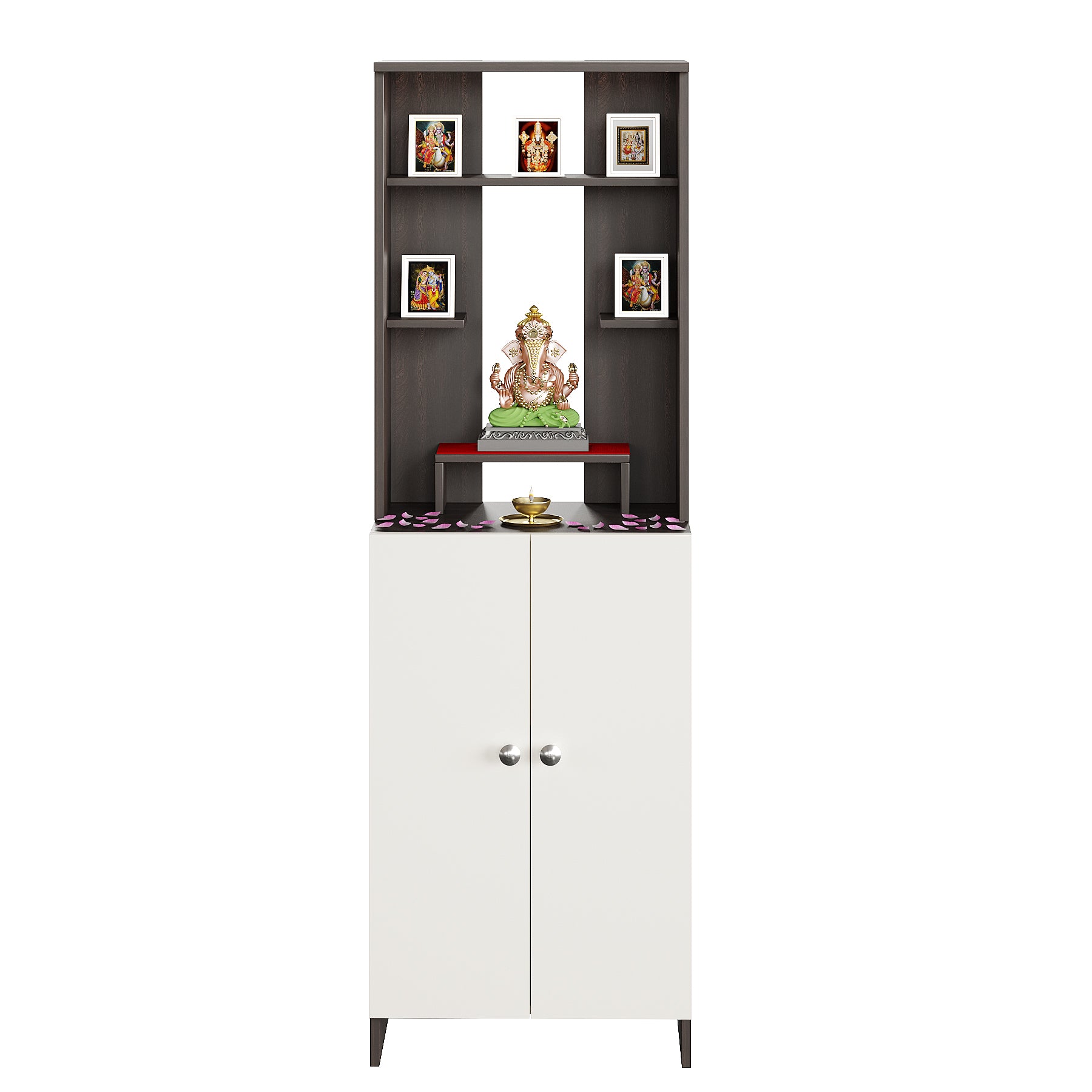 Aura Mandir for Home, Modern Temple for Home & Office, Prayer Cabinet Puja Stand Shelf in Wenge & White Finish