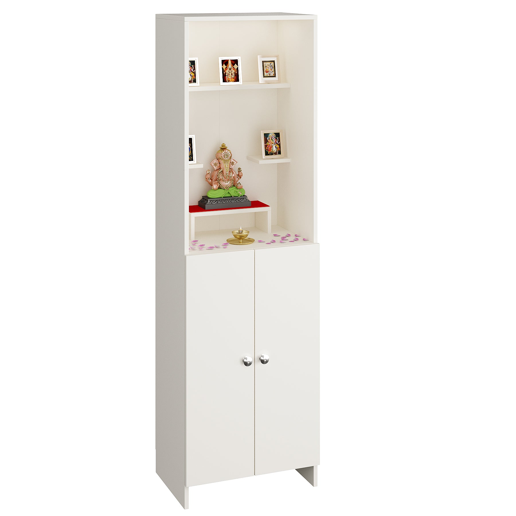 Anvika Pooja Mandir for Home, Modern Temple for Home & Office, Prayer Cabinet Puja Stand Shelf in White Finish