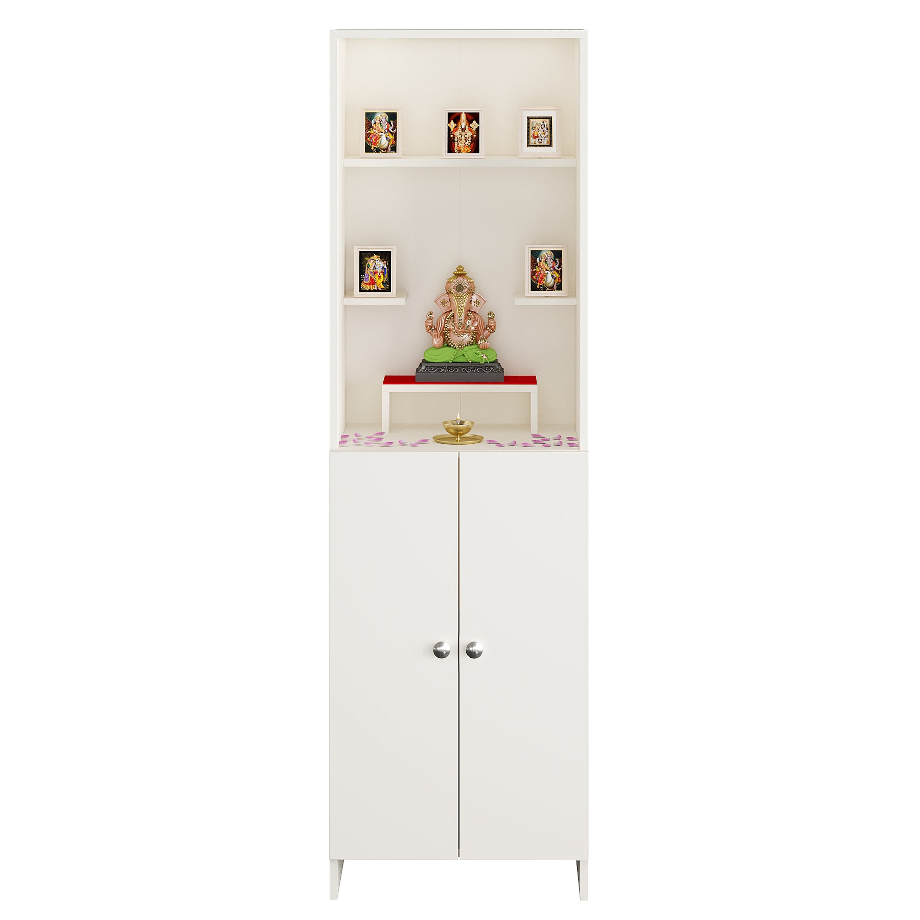 Anvika Pooja Mandir for Home, Modern Temple for Home & Office, Prayer Cabinet Puja Stand Shelf in White Finish