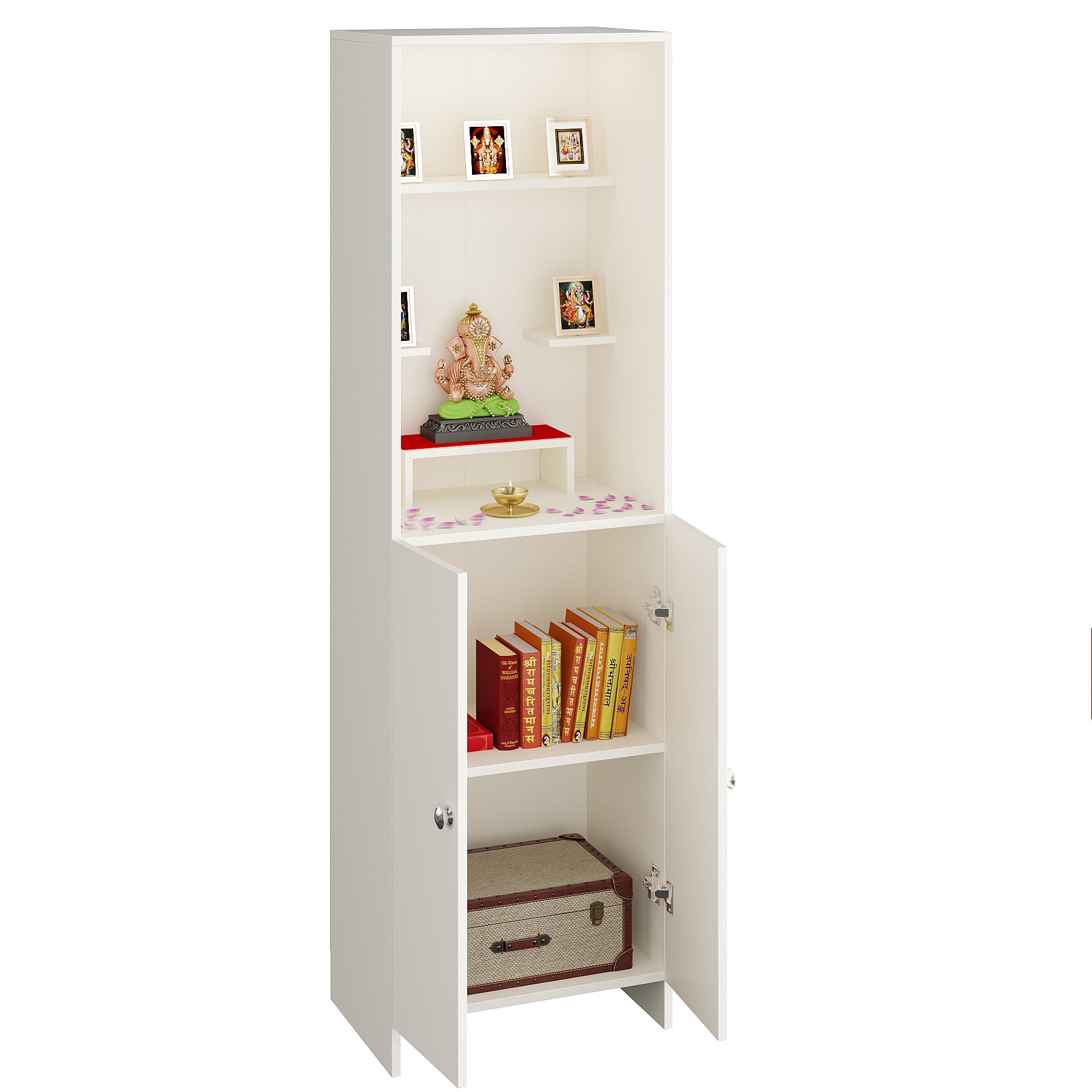 Anvika Pooja Mandir for Home, Modern Temple for Home & Office, Prayer Cabinet Puja Stand Shelf in White Finish