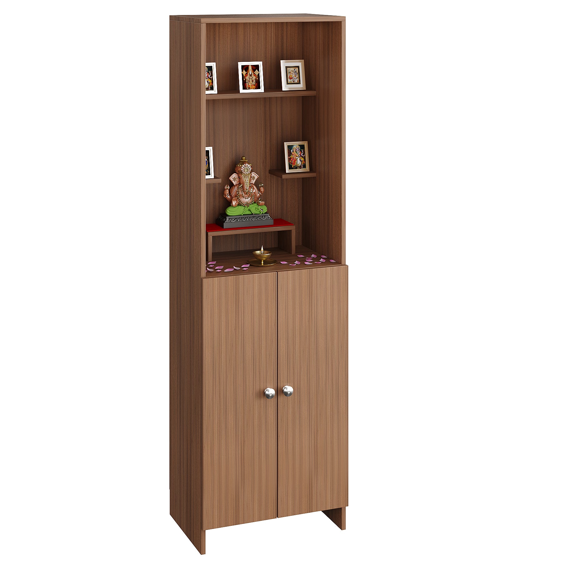 Anvika Pooja Mandir for Home, Modern Temple for Home & Office, Prayer Cabinet Puja Stand Shelf in Exotic Teak Finish