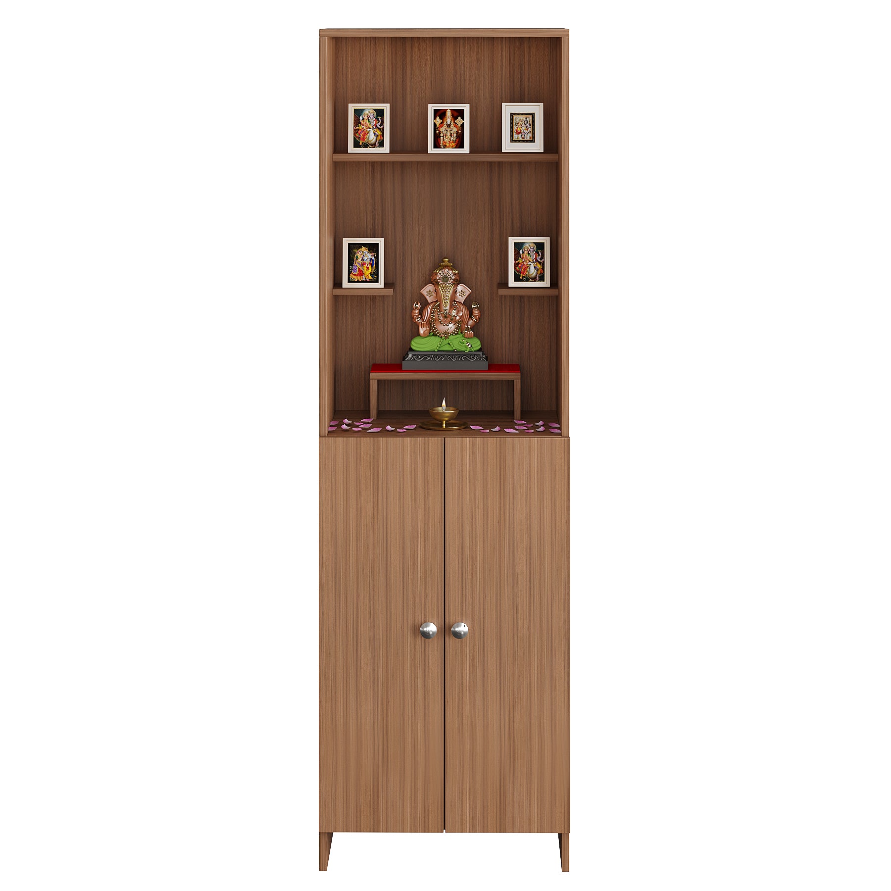 Anvika Pooja Mandir for Home, Modern Temple for Home & Office, Prayer Cabinet Puja Stand Shelf in Exotic Teak Finish