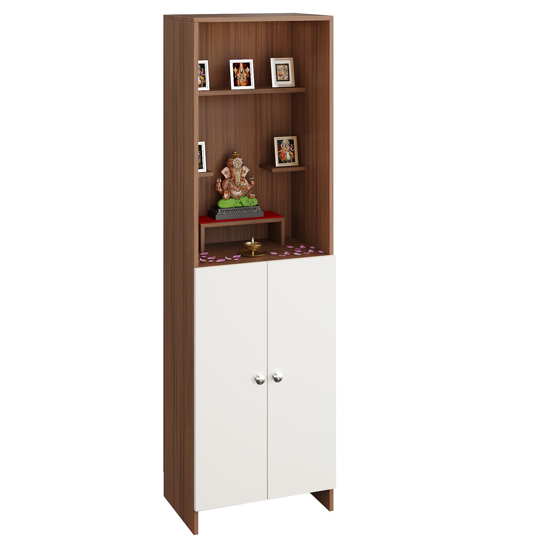 Anvika Pooja Mandir for Home, Modern Temple for Home & Office, Prayer Cabinet Puja Stand Shelf in Exotic Teak & White Finish