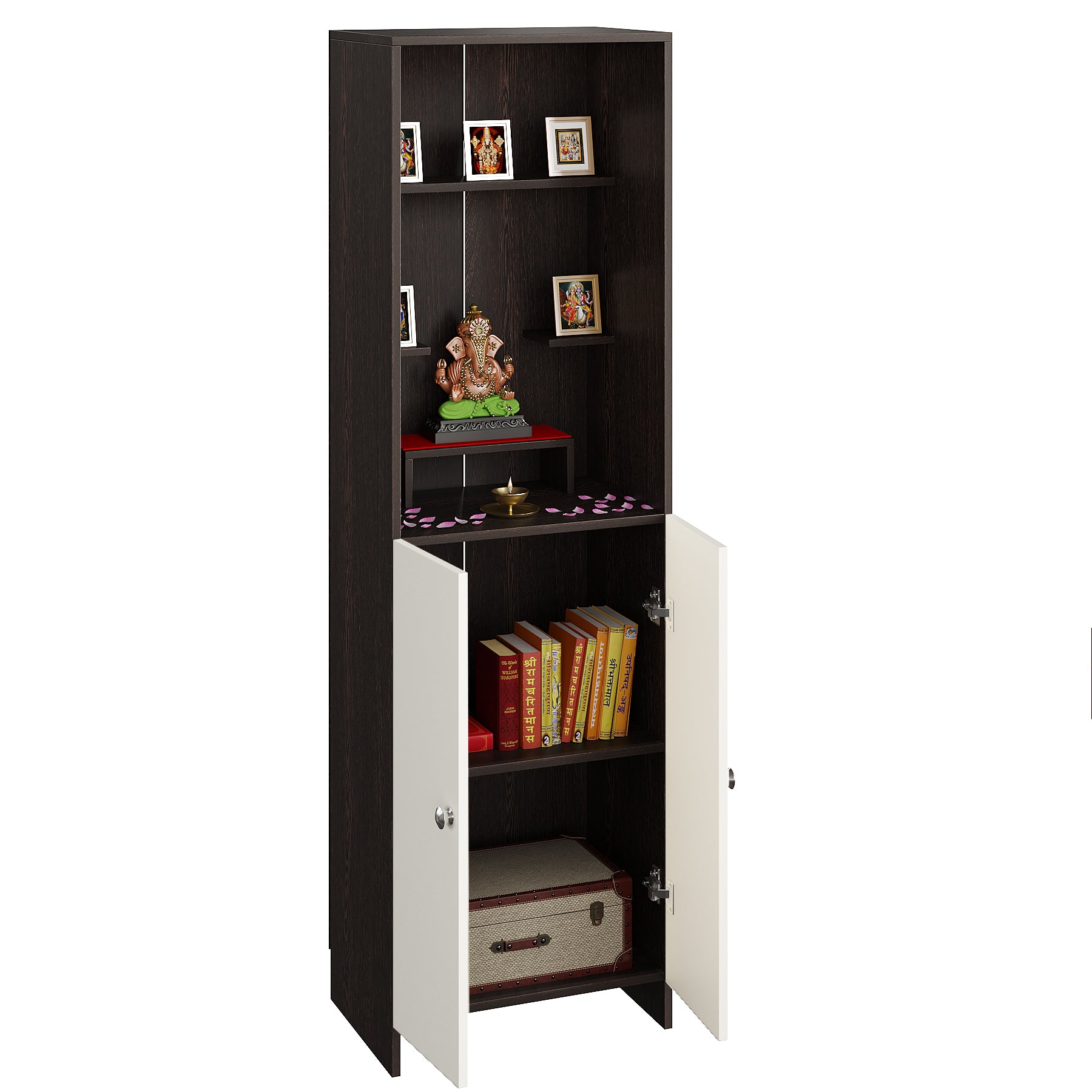 Anvika Pooja Mandir for Home, Modern Temple for Home & Office, Prayer Cabinet Puja Stand Shelf in Wenge & White Finish