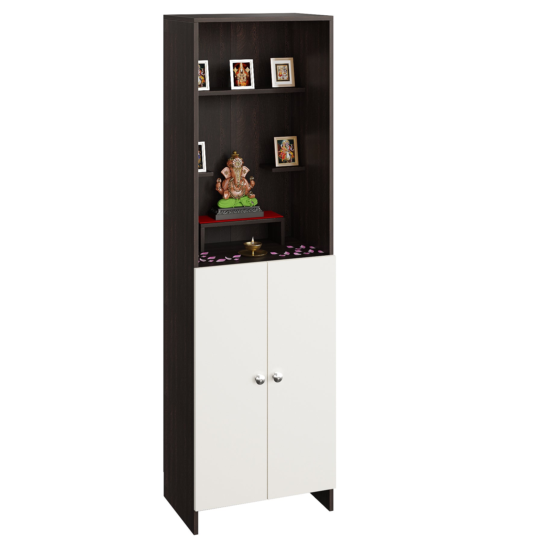 Anvika Pooja Mandir for Home, Modern Temple for Home & Office, Prayer Cabinet Puja Stand Shelf in Wenge & White Finish