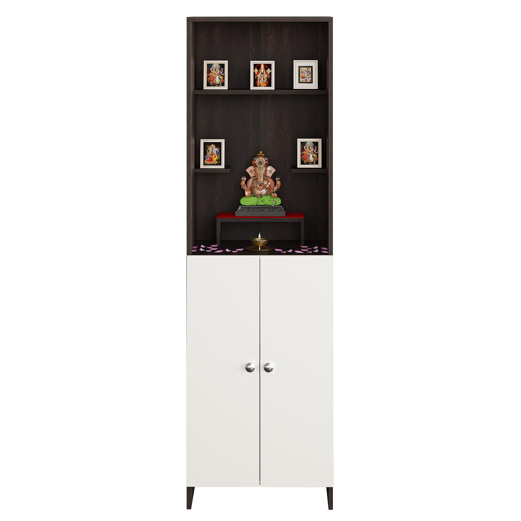 Anvika Pooja Mandir for Home, Modern Temple for Home & Office, Prayer Cabinet Puja Stand Shelf in Wenge & White Finish