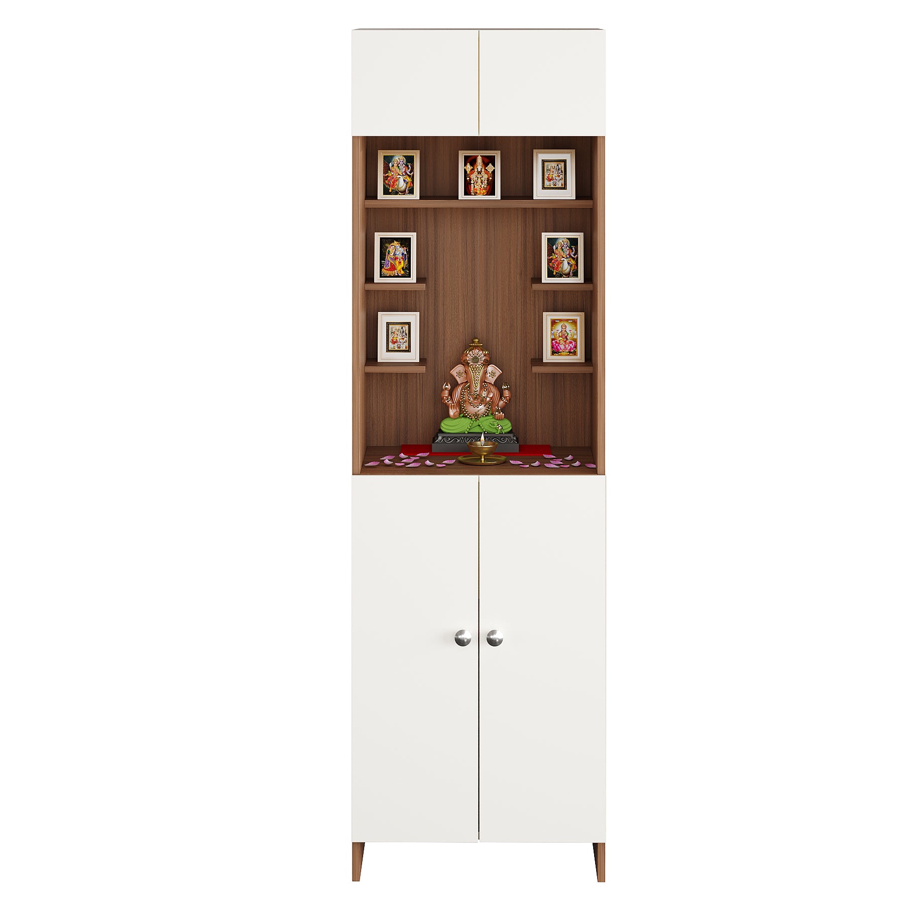 Shivika Pooja Mandir for Home, Modern Temple for Home & Office, Prayer Cabinet Puja Stand Shelf in Exotic Teak & White Finish