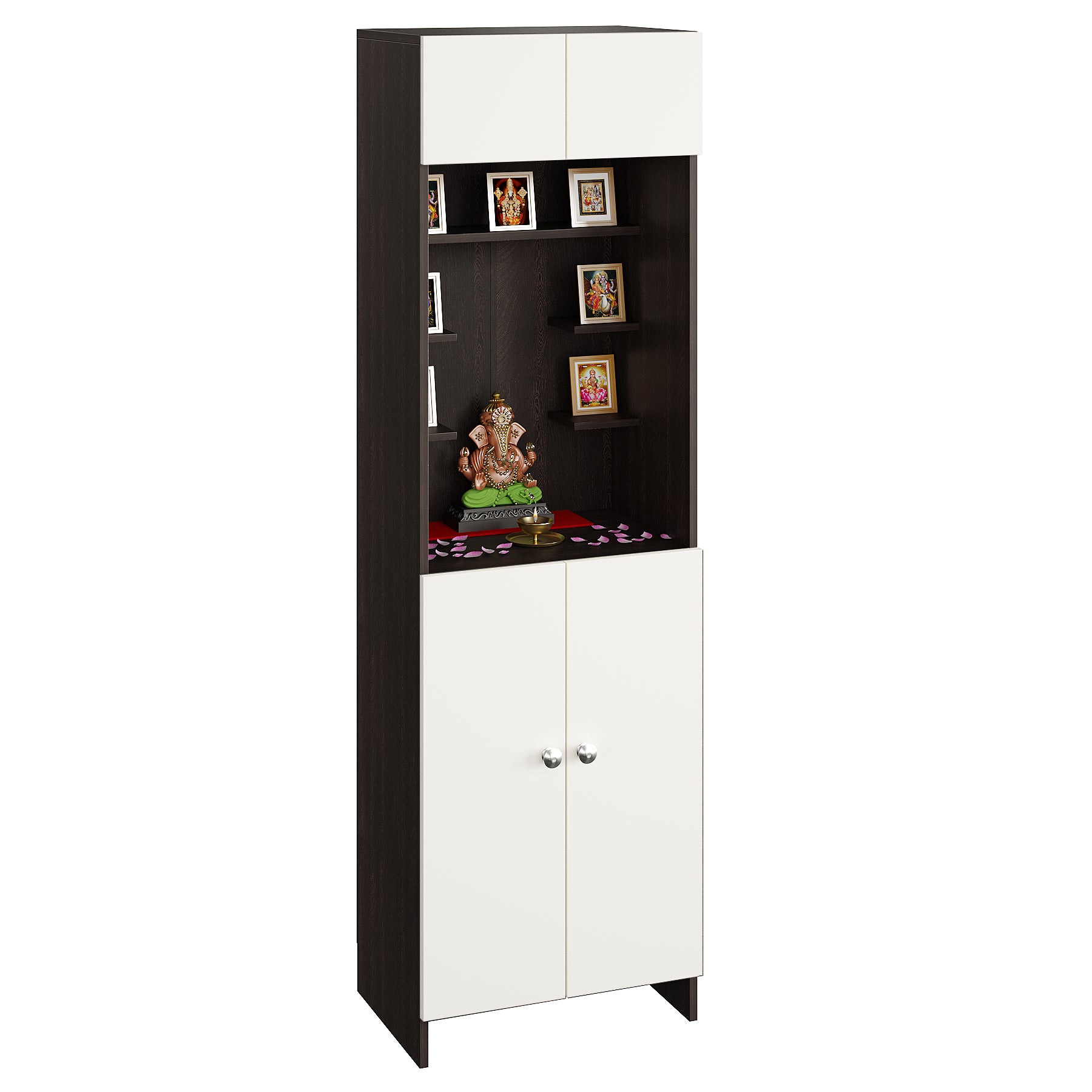 Shivika Pooja Mandir for Home, Modern Temple for Home & Office, Prayer Cabinet Puja Stand Shelf in Wenge & White Finish
