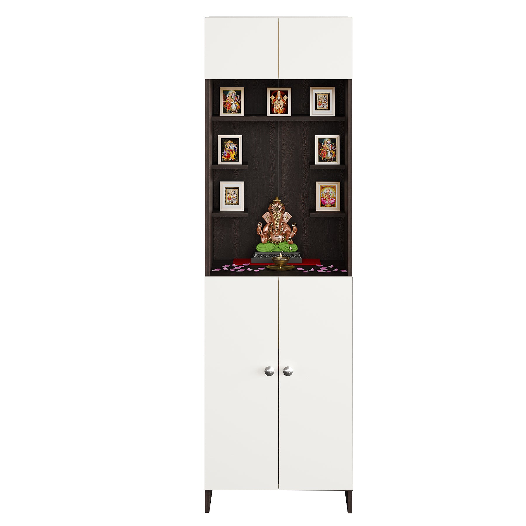 Shivika Pooja Mandir for Home, Modern Temple for Home & Office, Prayer Cabinet Puja Stand Shelf in Wenge & White Finish