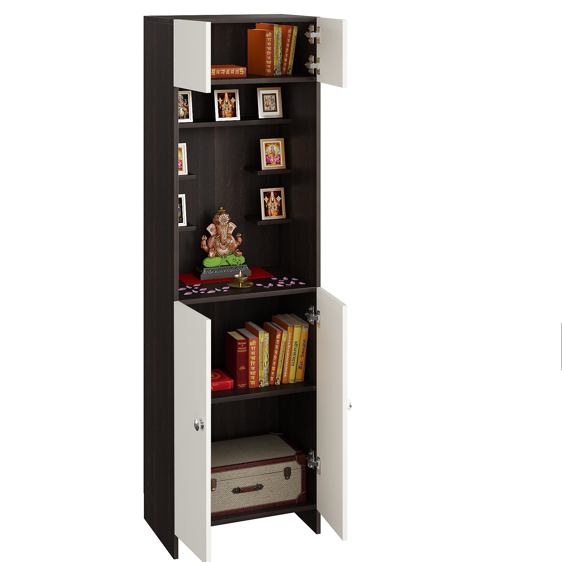 Shivika Pooja Mandir for Home, Modern Temple for Home & Office, Prayer Cabinet Puja Stand Shelf in Wenge & White Finish