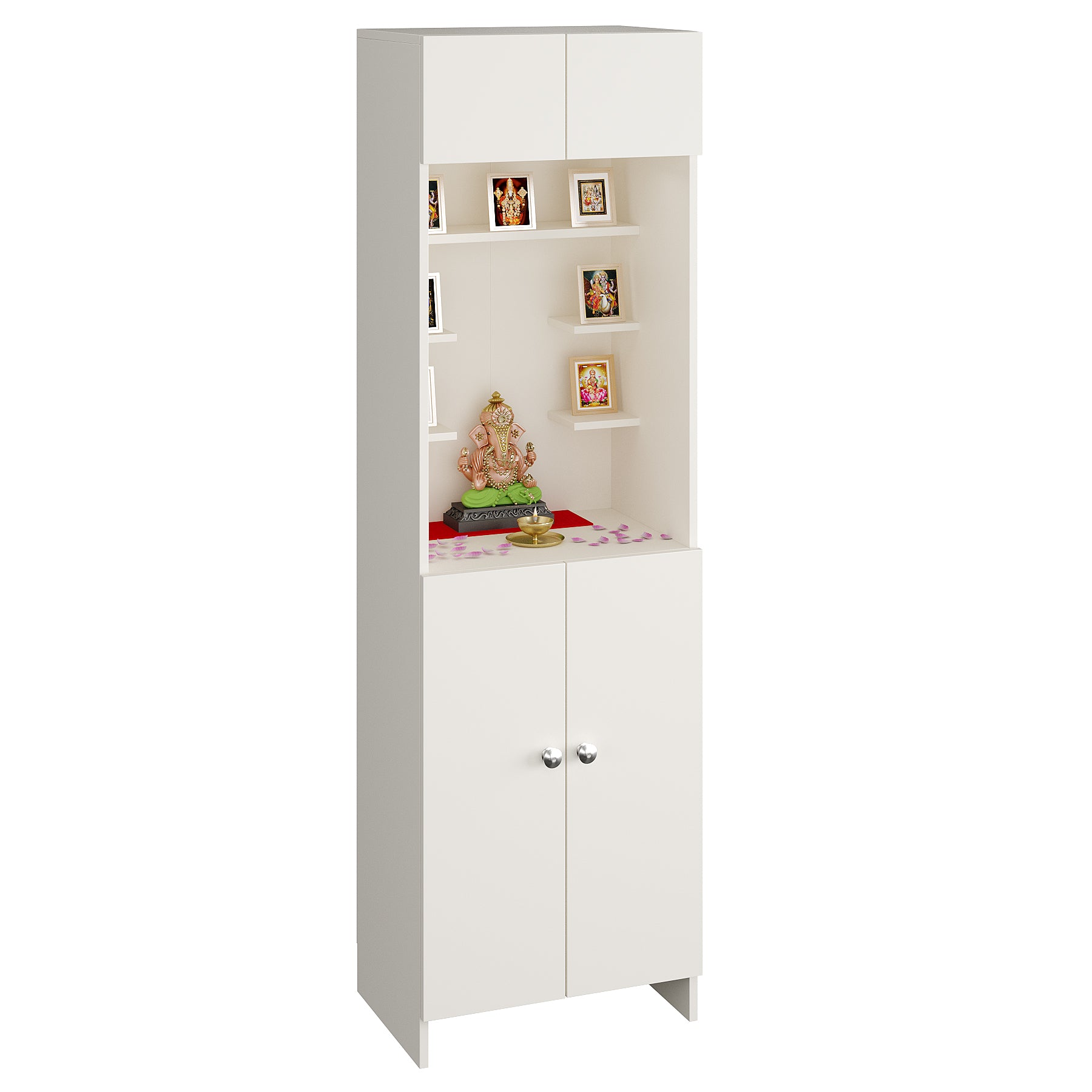 Shivika Pooja Mandir for Home, Modern Temple for Home & Office, Payer Cabinet Puja Stand Shelf in White Finish