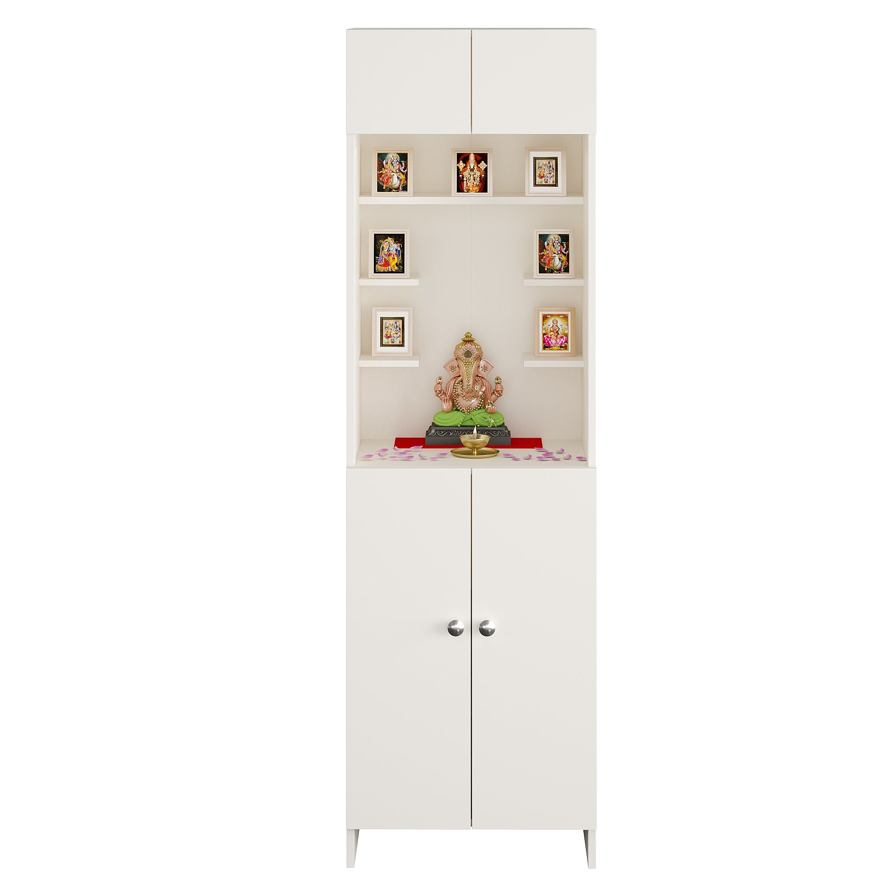 Shivika Pooja Mandir for Home, Modern Temple for Home & Office, Payer Cabinet Puja Stand Shelf in White Finish