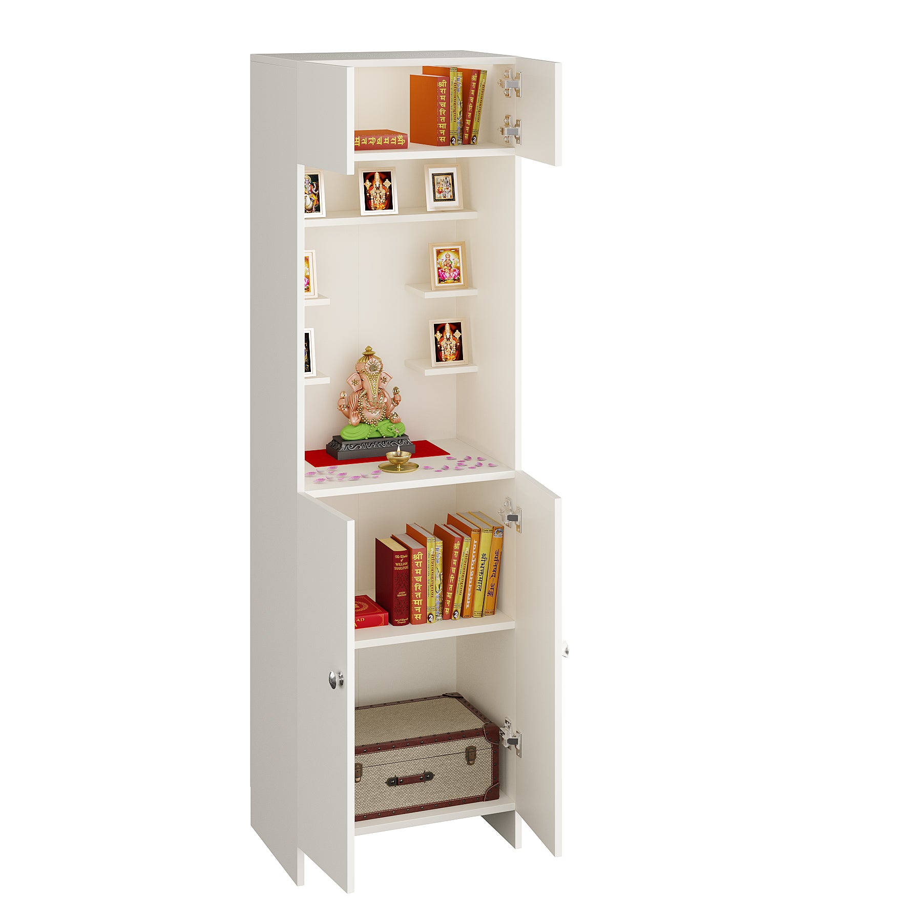Shivika Pooja Mandir for Home, Modern Temple for Home & Office, Payer Cabinet Puja Stand Shelf in White Finish