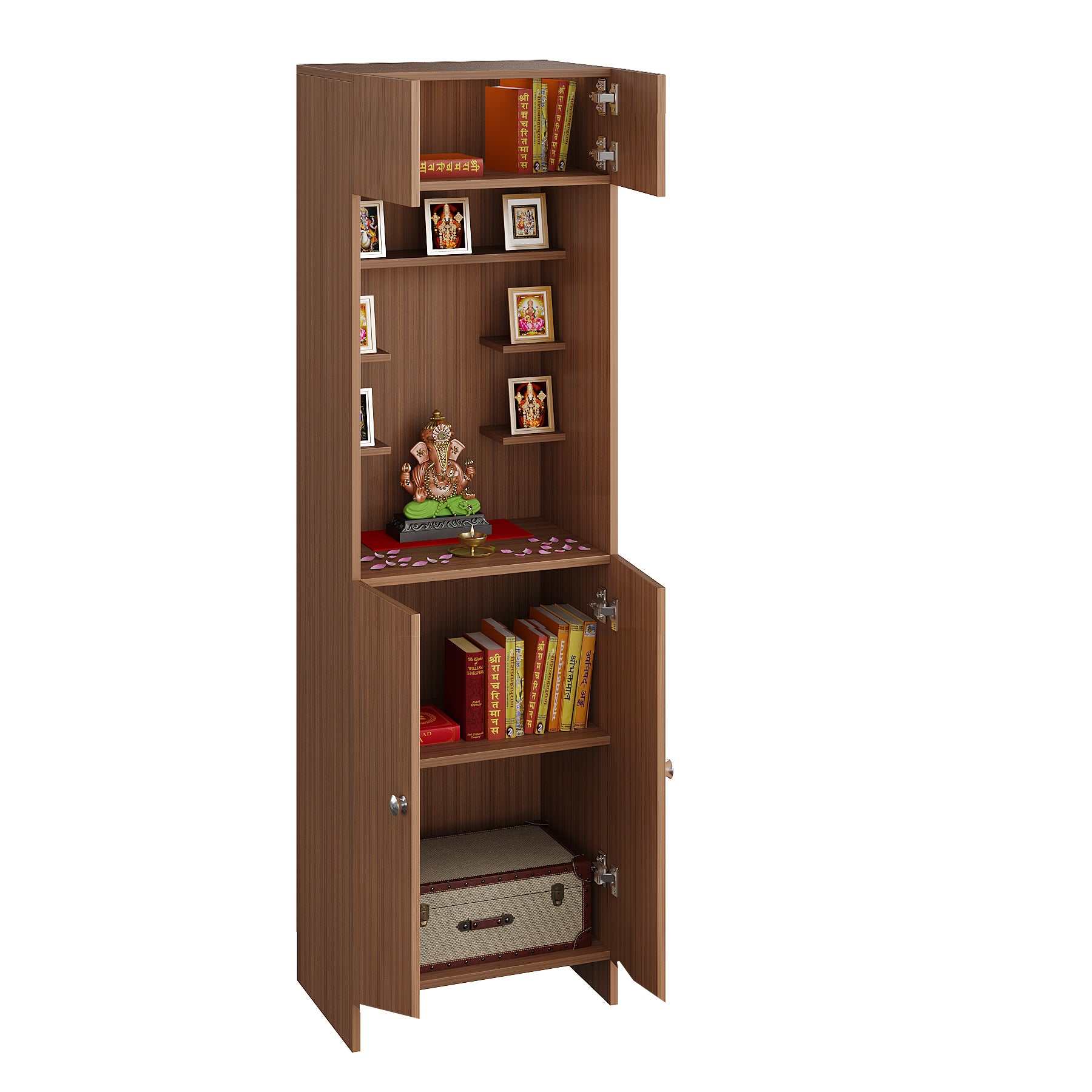 Shivika Pooja Mandir for Home, Modern Temple for Home & Office, Prayer Cabinet Puja Stand Shelf in Exotic Teak Finish