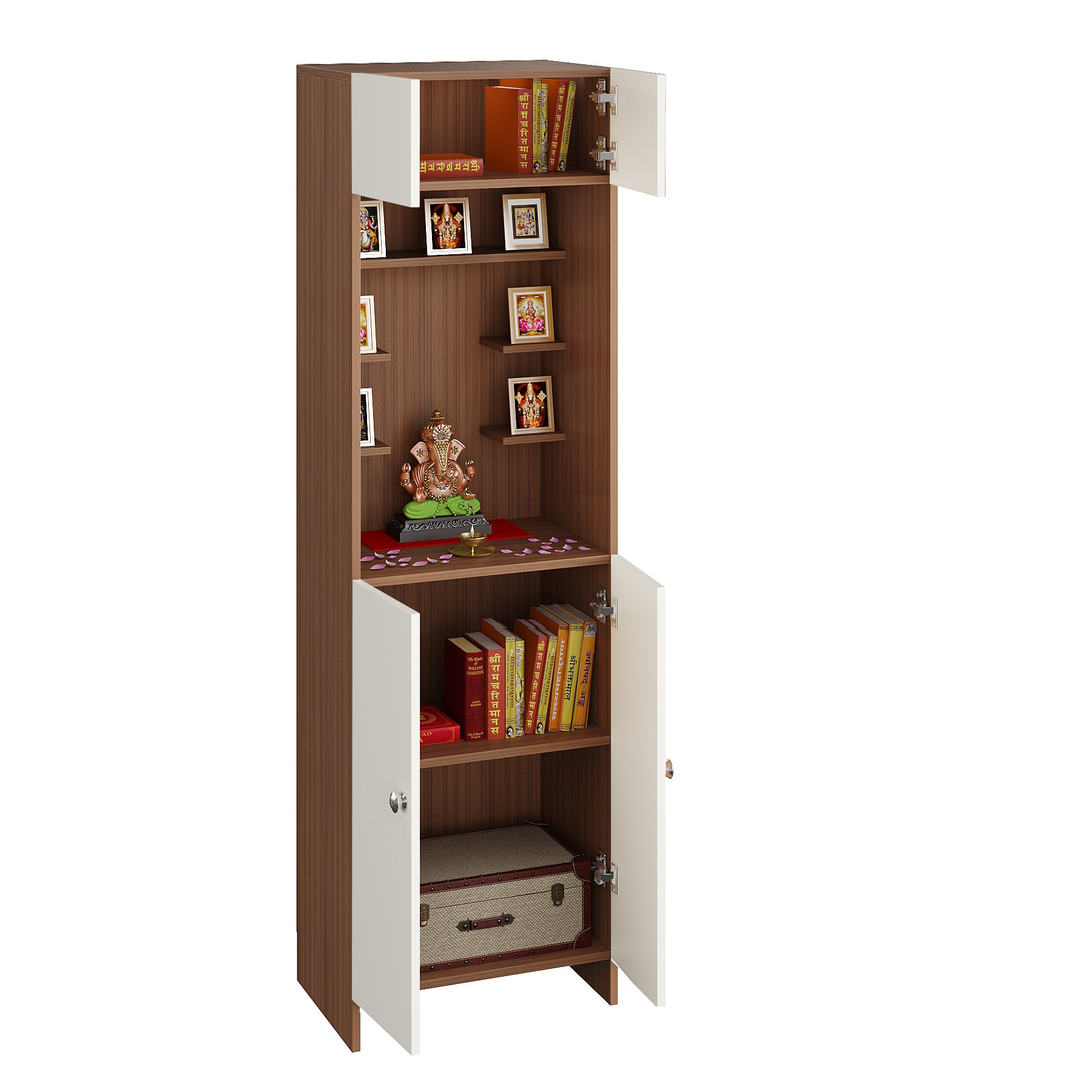 Shivika Pooja Mandir for Home, Modern Temple for Home & Office, Prayer Cabinet Puja Stand Shelf in Exotic Teak & White Finish