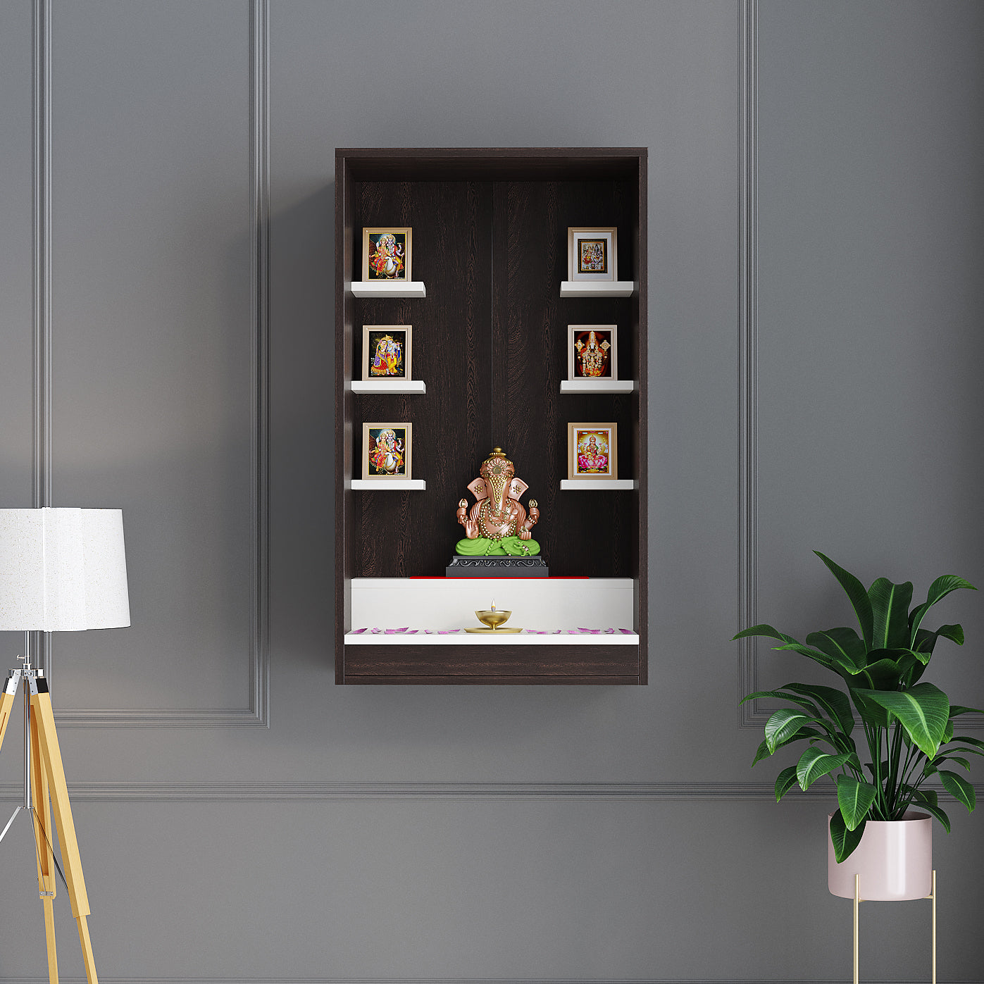 Ketki Pooja Mandir for Home, Modern Temple for Home & Office, Wall-Mount Puja Stand Shelf Wenge & White Finish