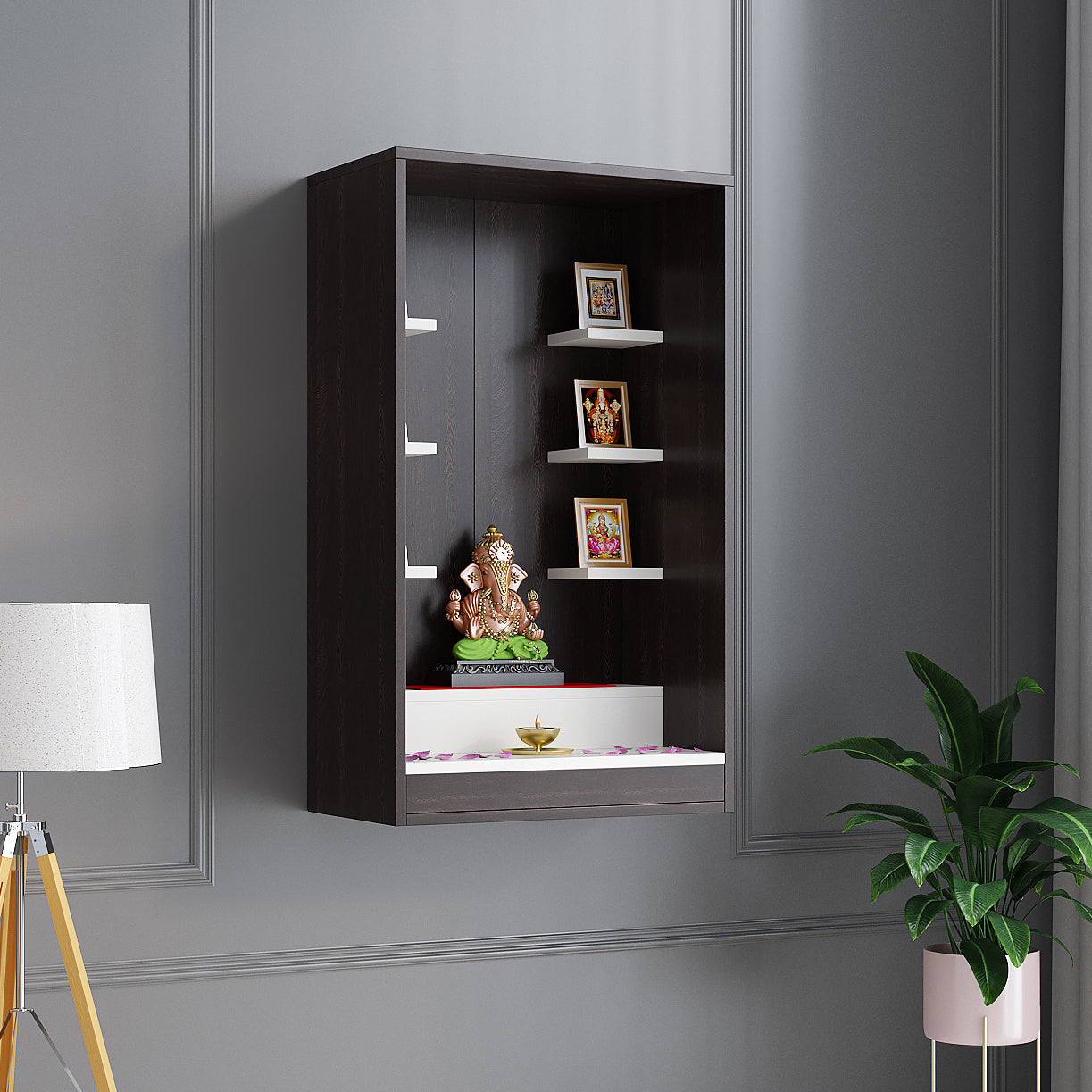 Ketki Pooja Mandir for Home, Modern Temple for Home & Office, Wall-Mount Puja Stand Shelf Wenge & White Finish