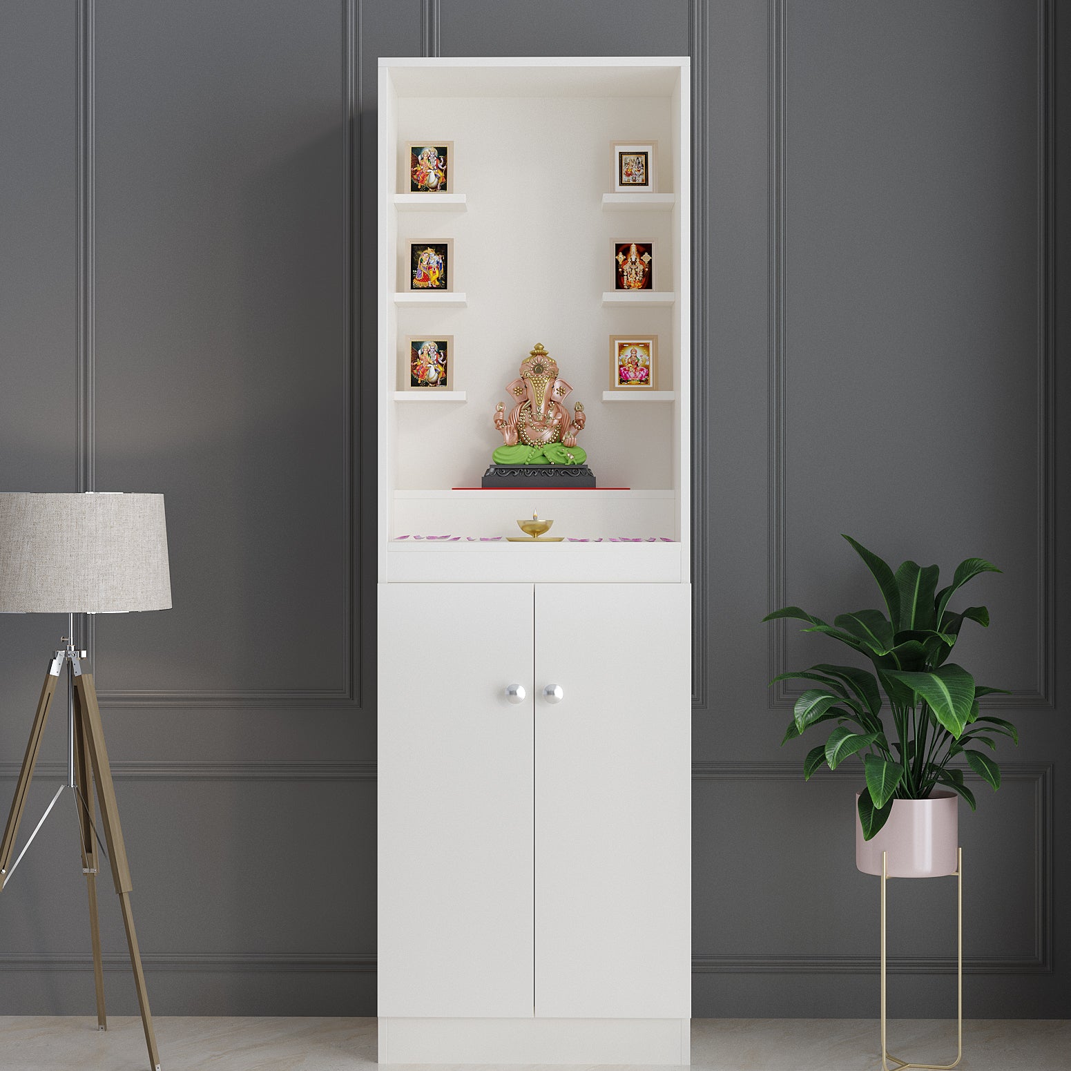 Adya Pooja Mandir for Home, Modern Temple for Home & Office, Prayer Cabinet Puja Stand Shelf in White Finish