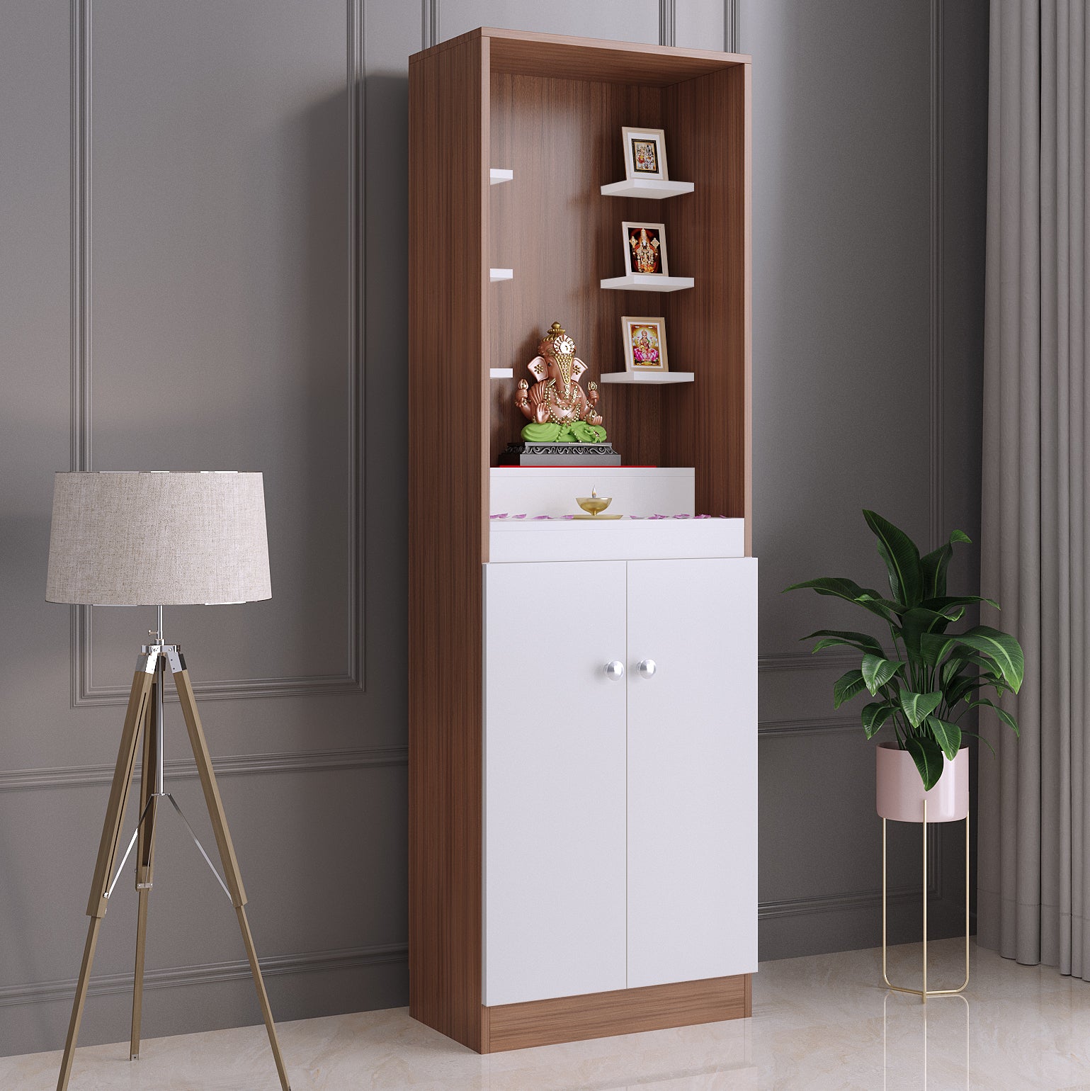 Adya Pooja Mandir for Home, Modern Temple for Home & Office, Prayer Cabinet Puja Stand Shelf in Exotic Teak & White Finish