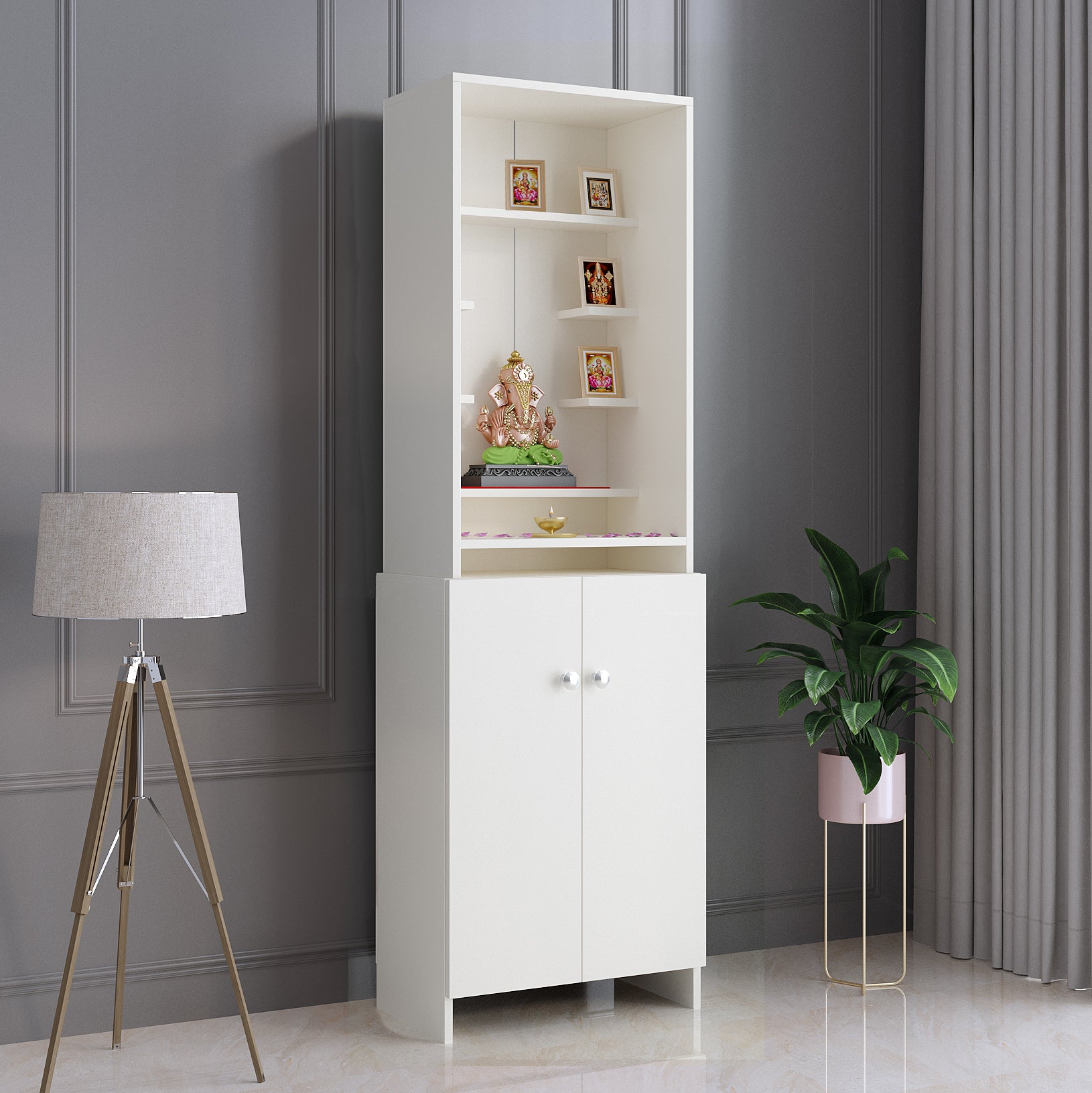 Shrisha Pooja Mandir for Home, Modern Temple for Home & Office, Prayer Cabinet Puja Stand Shelf in White Finish