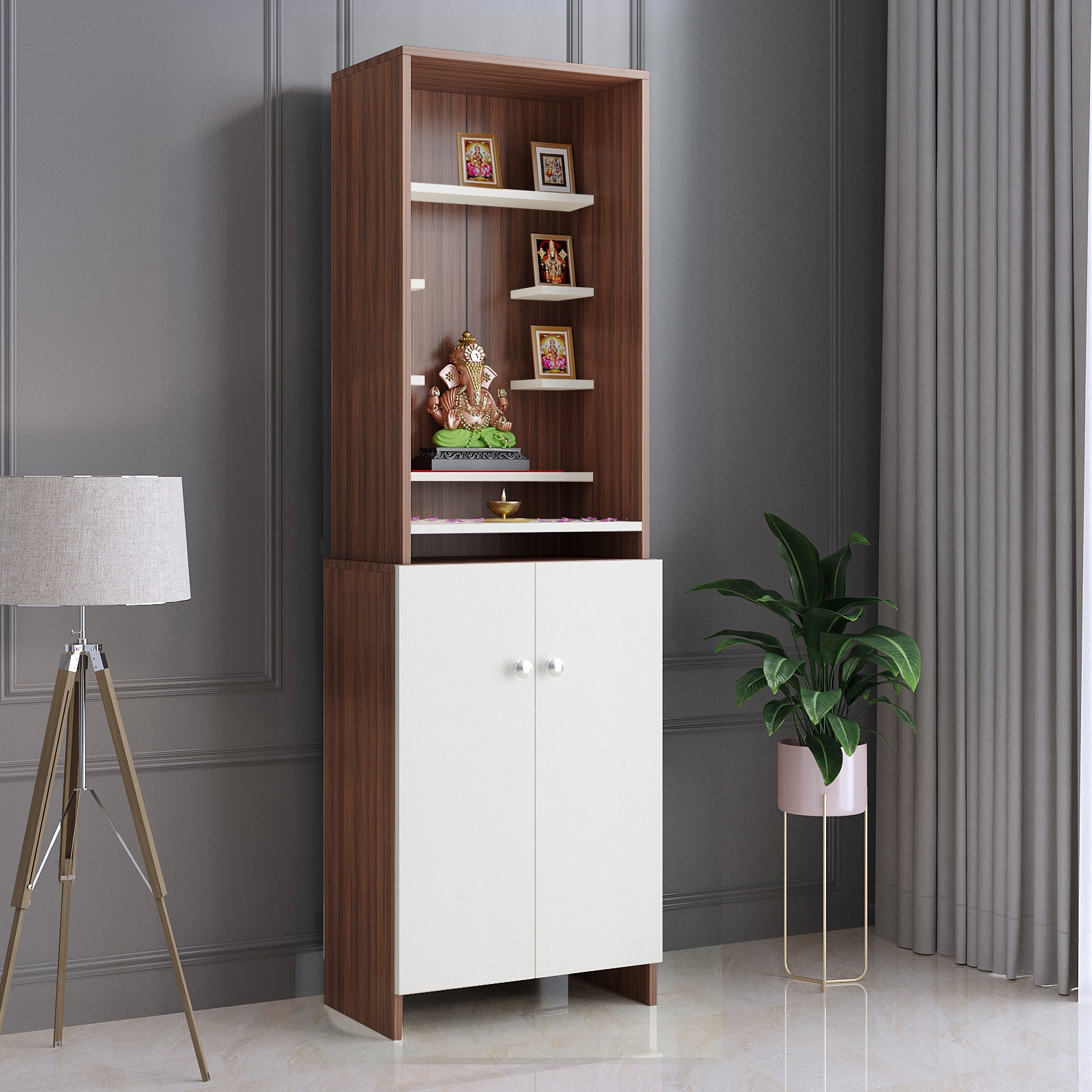 Shrisha Mandir for Home, Modern Temple for Home & Office, Prayer Cabinet Puja Stand Shelf in Exotic Teak & White