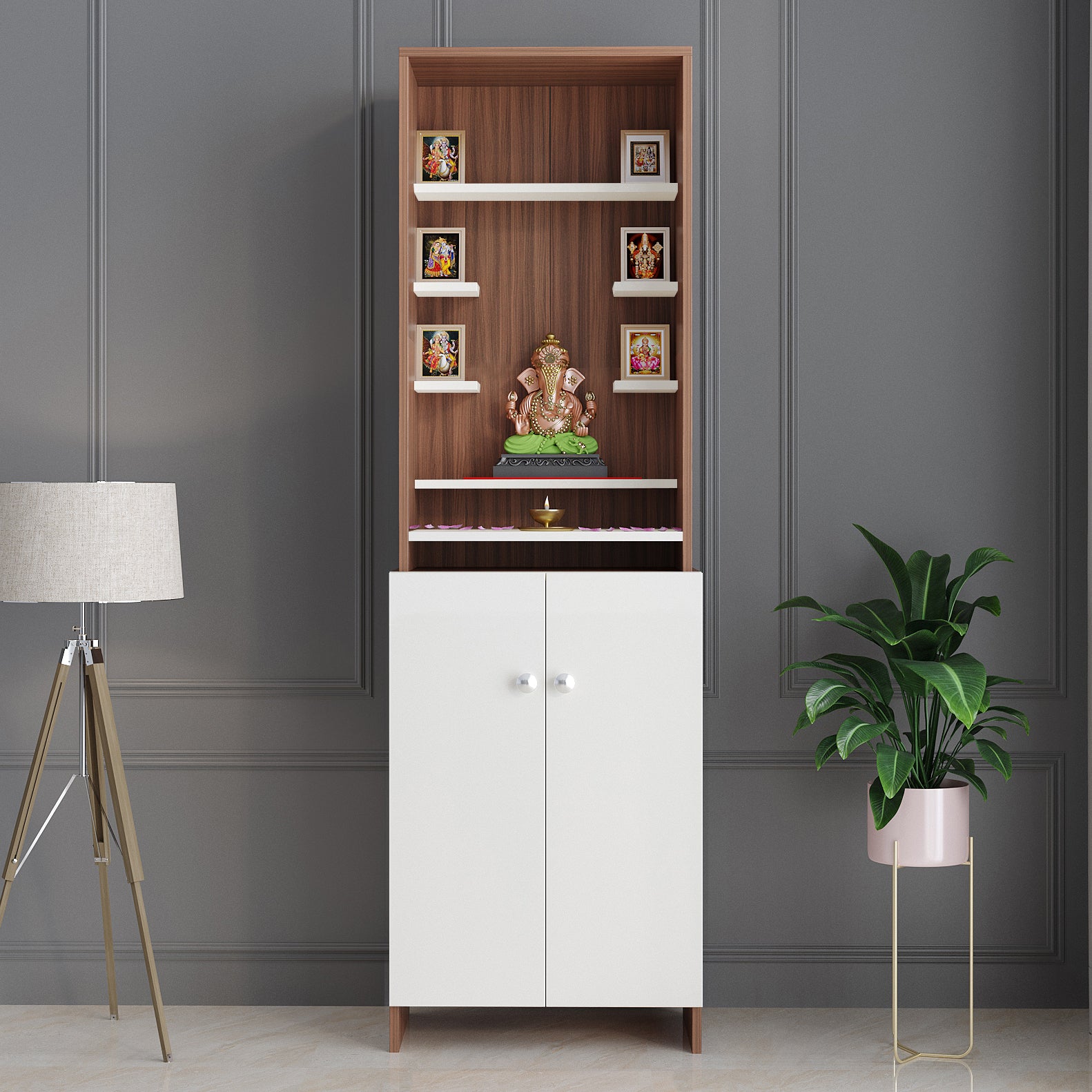 Shrisha Mandir for Home, Modern Temple for Home & Office, Prayer Cabinet Puja Stand Shelf in Exotic Teak & White