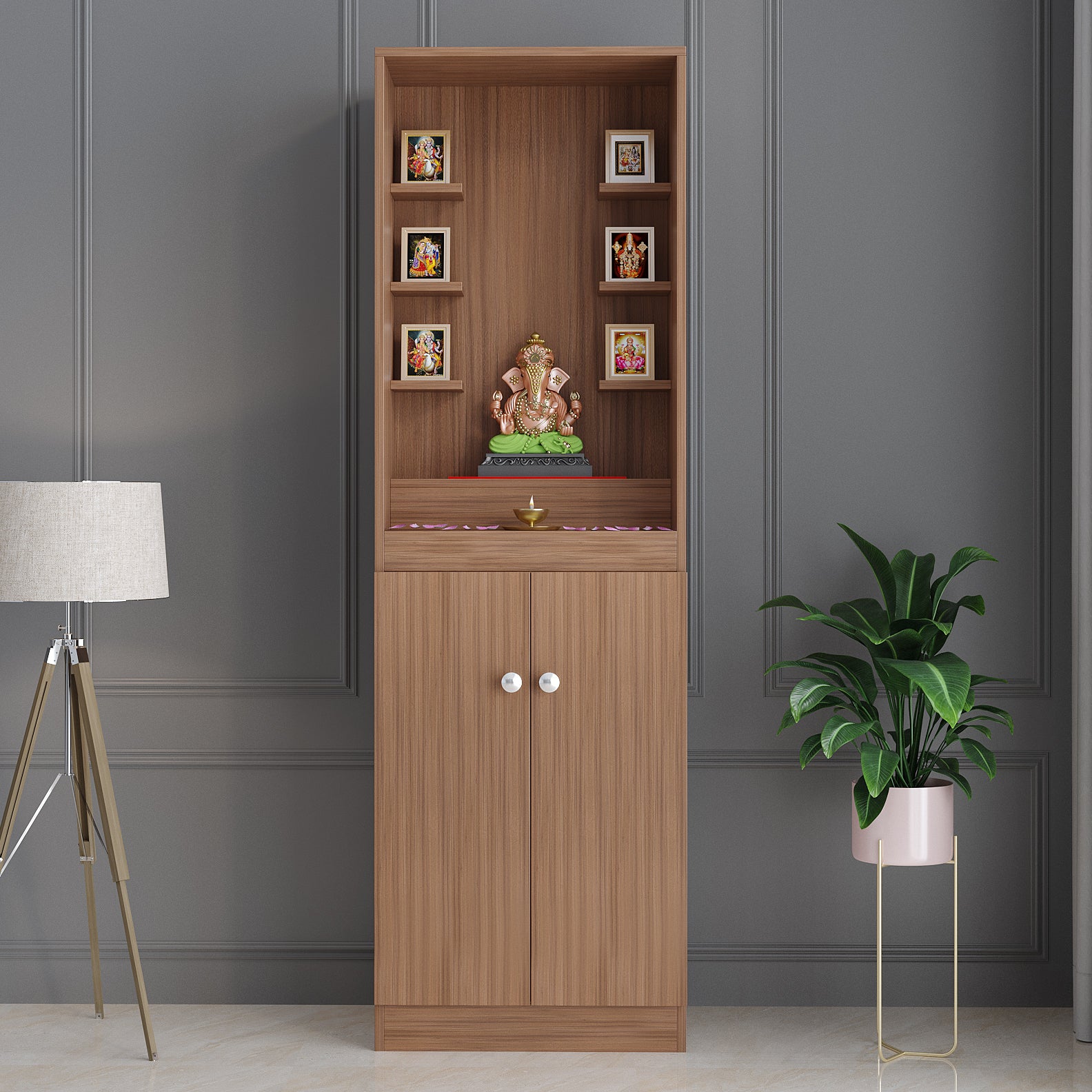 Adya Pooja Mandir for Home, Modern Temple for Home & Office, Prayer Cabinet Puja Stand Shelf in Exotic Teak Finish