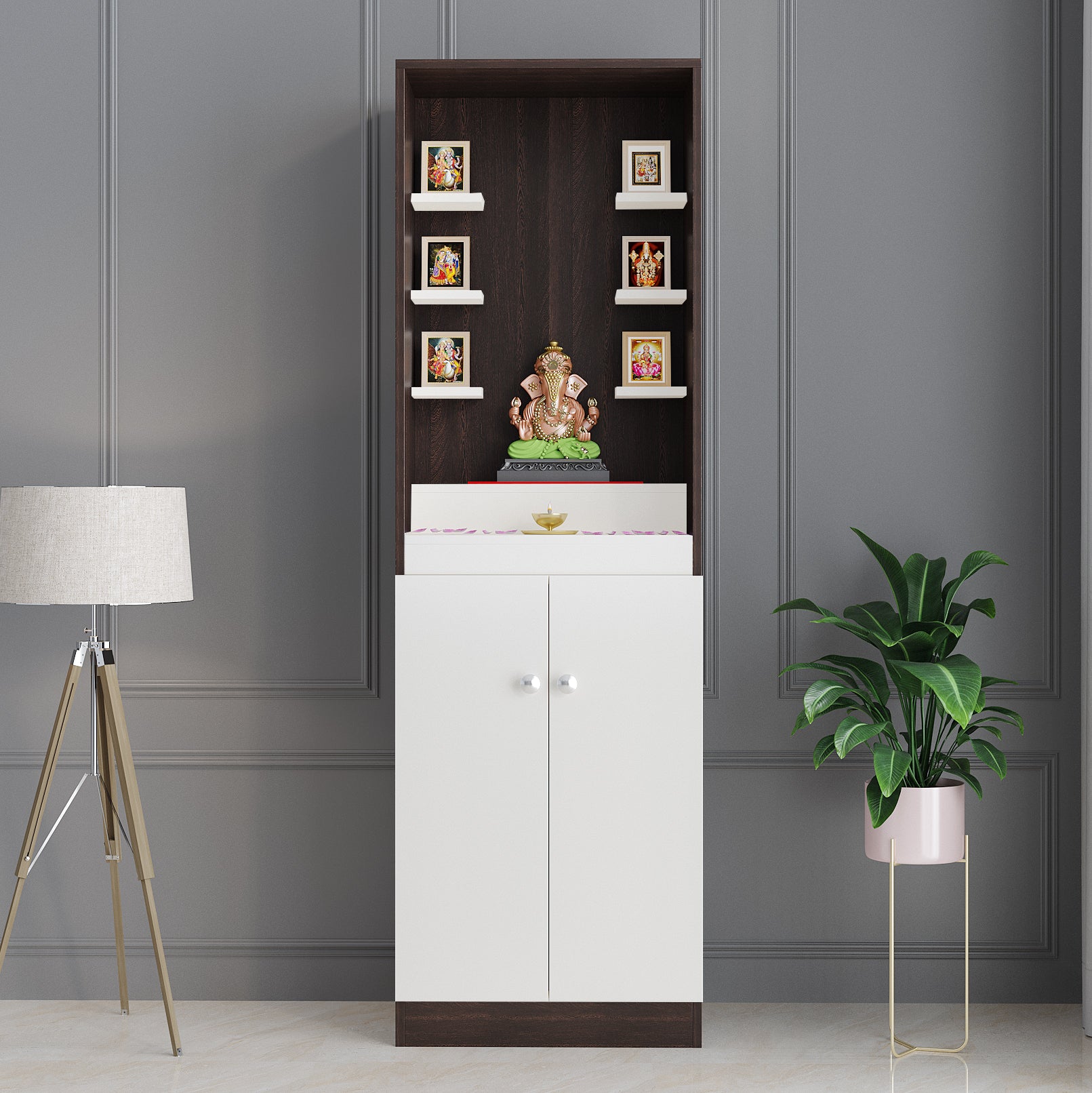 Adya Pooja Mandir for Home, Modern Temple for Home & Office, Prayer Cabinet Puja Stand Shelf in Wenge & White Finish