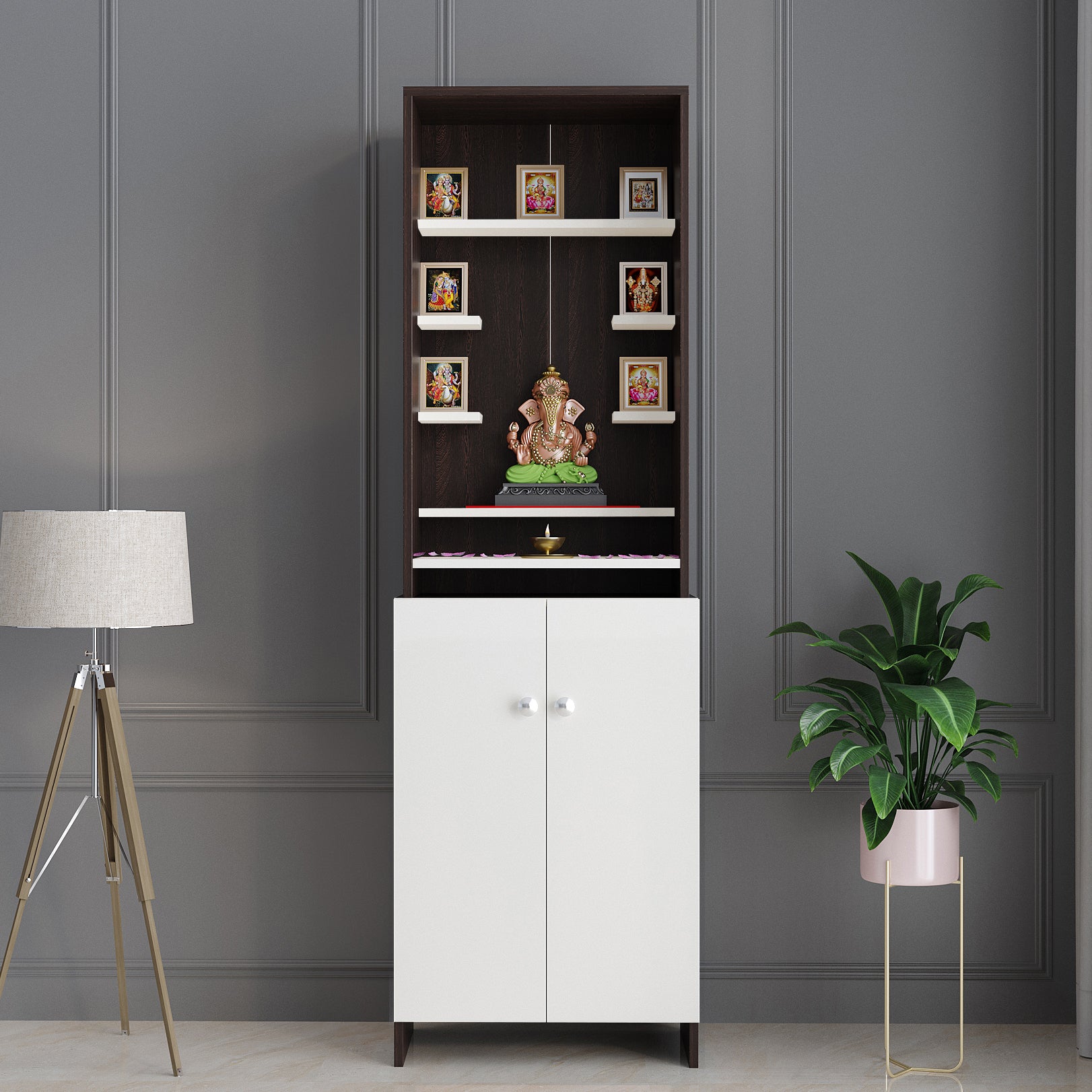 Shrisha Pooja Mandir for Home, Modern Temple for Home & Office, Prayer Cabinet Puja Stand Shelf in Wenge & White Finish