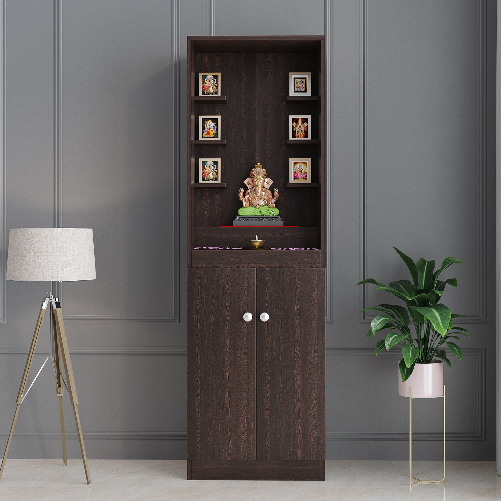 Adya Pooja Mandir for Home, Modern Temple for Home & Office, Prayer Cabinet Puja Stand Shelf in Wenge Finish