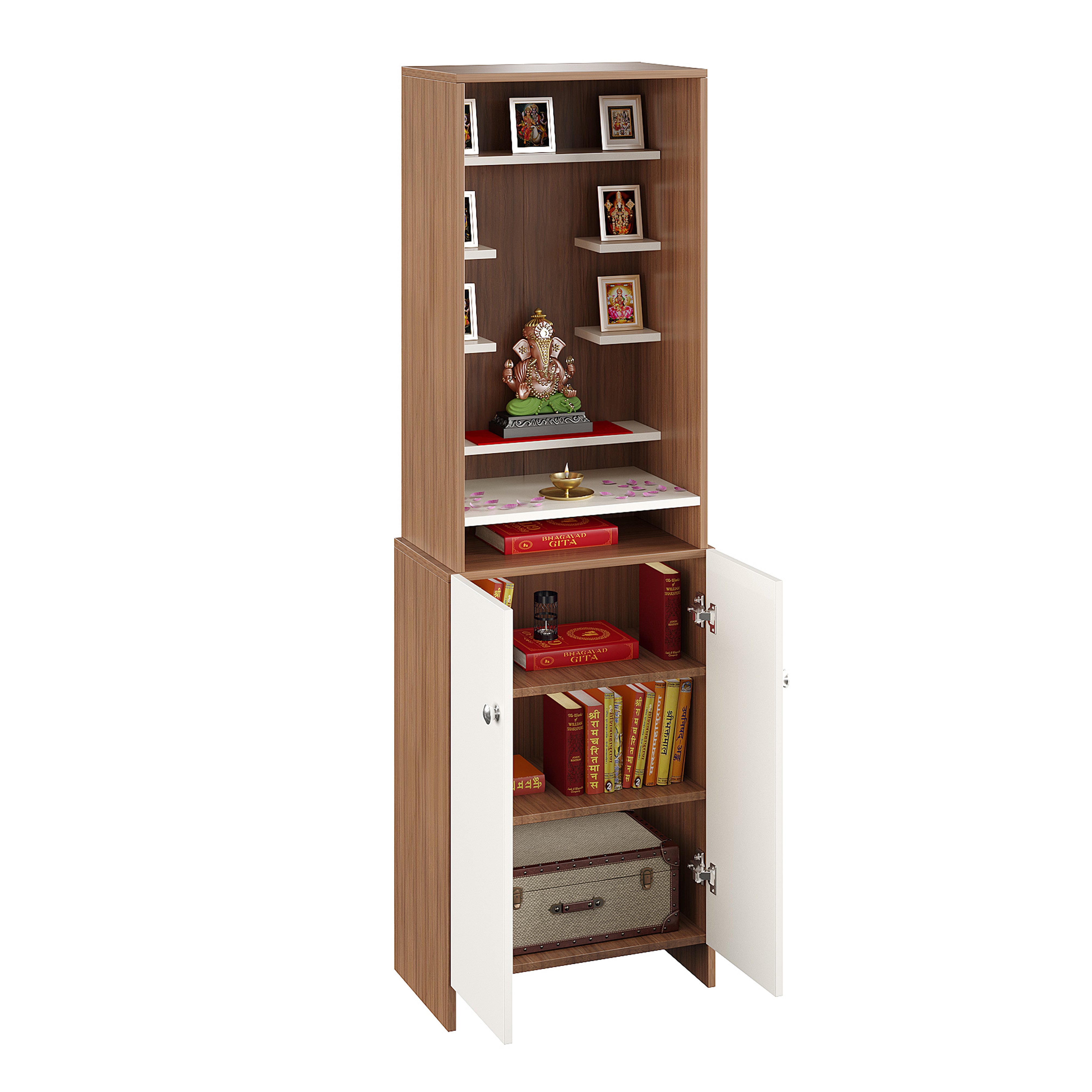 Shrisha Mandir for Home, Modern Temple for Home & Office, Prayer Cabinet Puja Stand Shelf in Exotic Teak & White